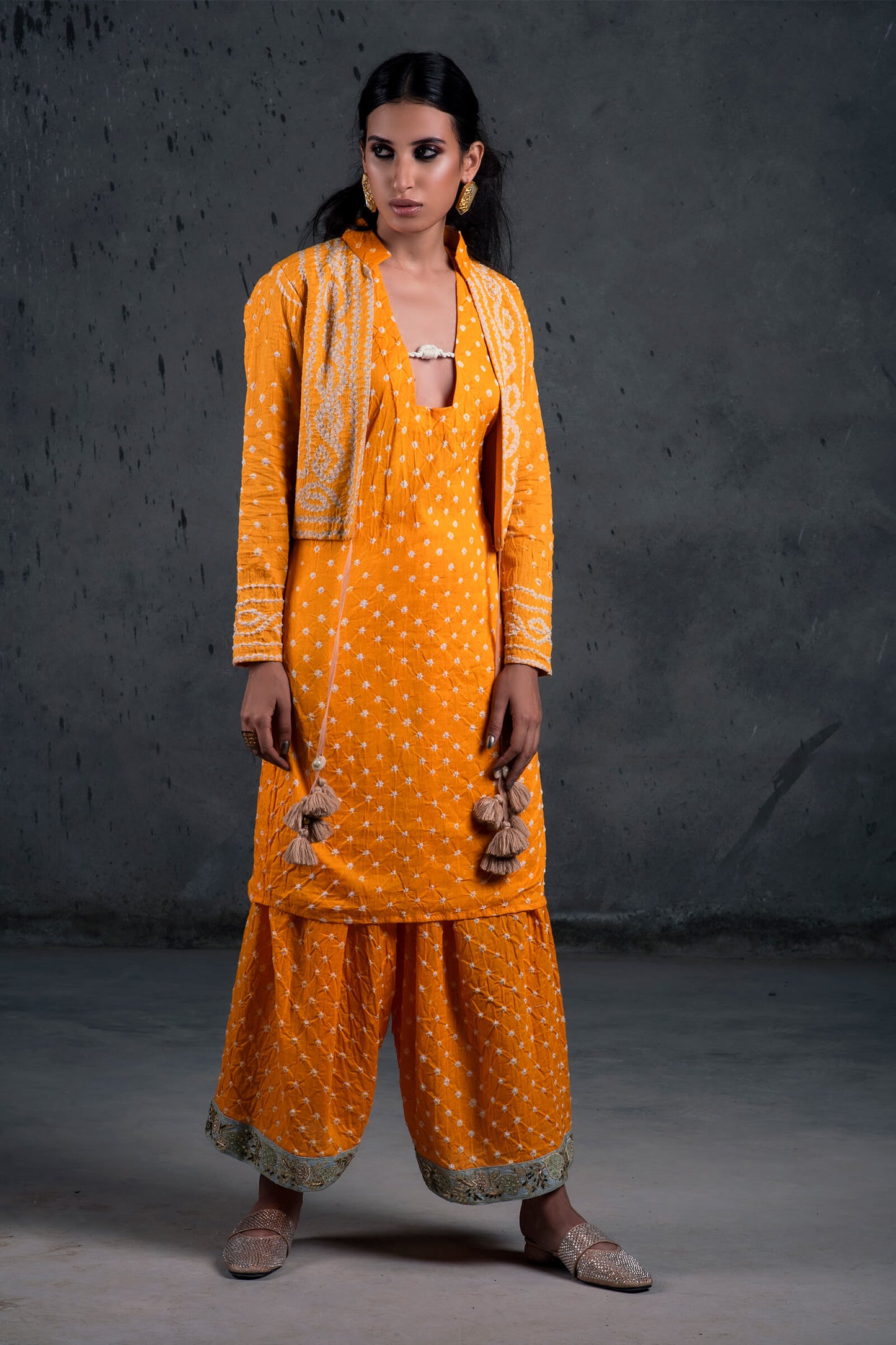 Yellow Bandhani Kurta And Pakistani Salwar With Jacket