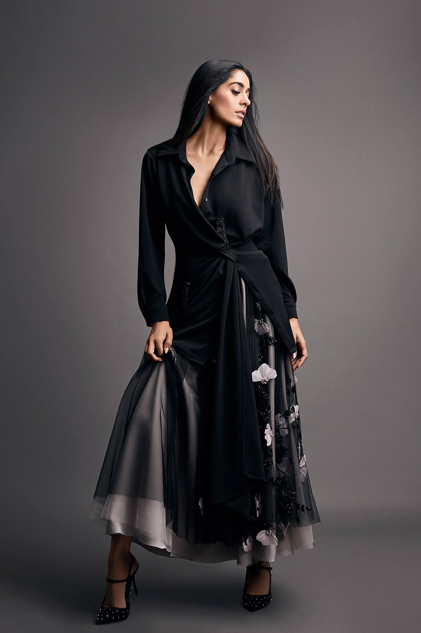 Hand Embroidered Midi Skirt With Embellished Shirt Dress