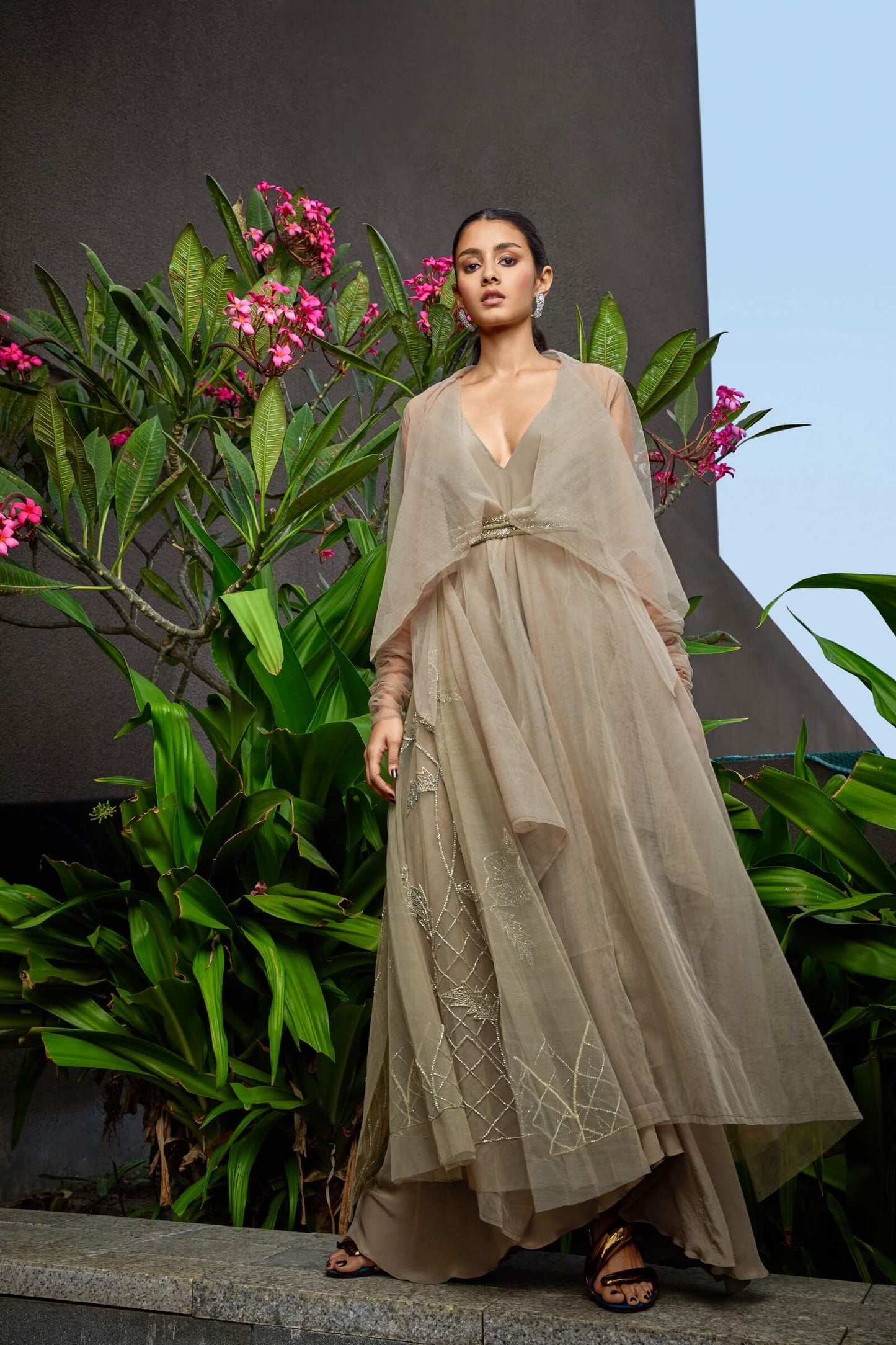Stone tulle jacket with 3D flower embroidery and slip dress with embroidered belt