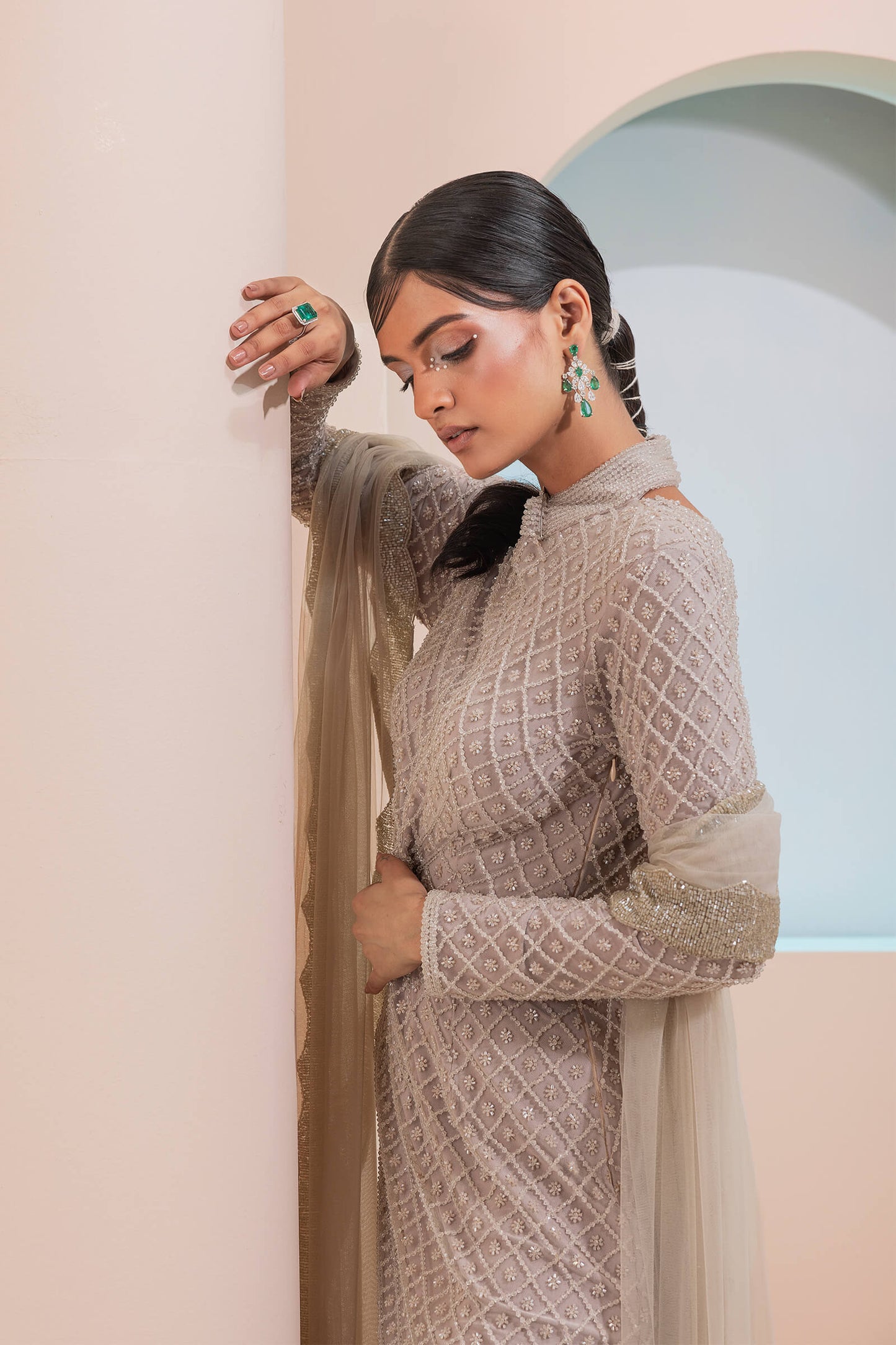 Stone Grid Work Tunic With Cutout Back Paired With A Lycra Churidar And Scalloped Tulle Dupatta
