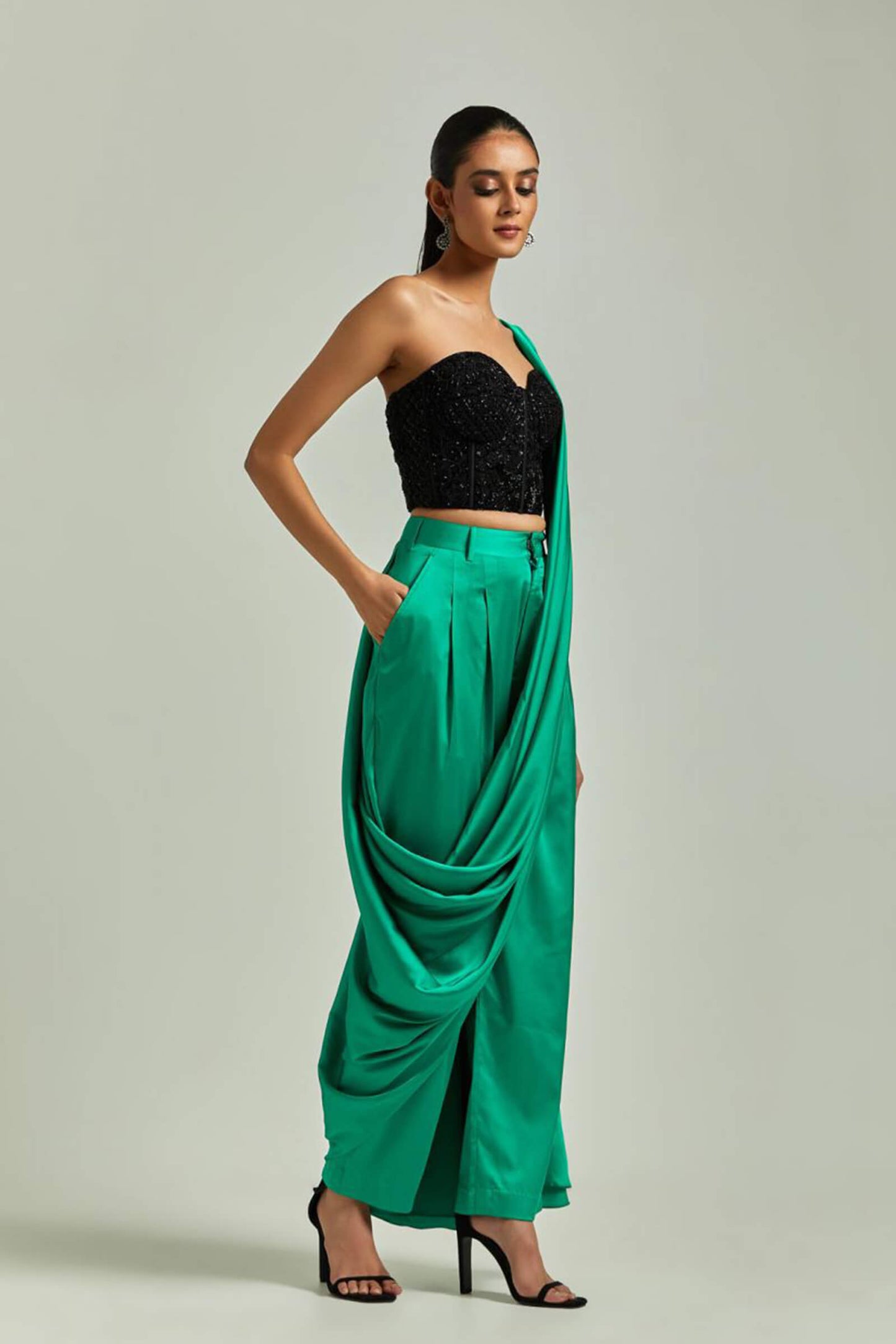 Emerald Green Satin Pant Saree With Black Corset