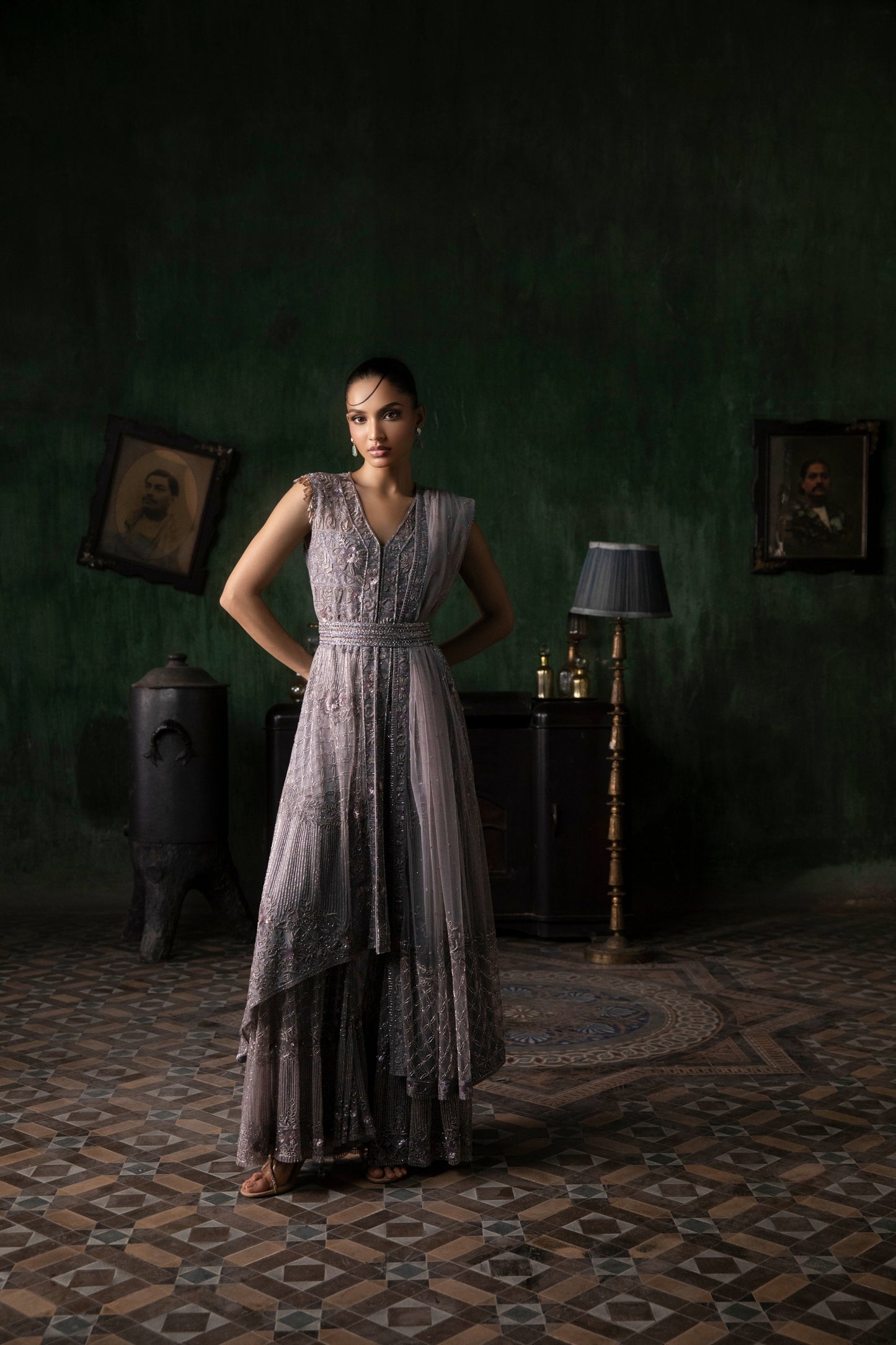MAUVE SHARARA SET WITH ASYMETRICAL HEMLINE
