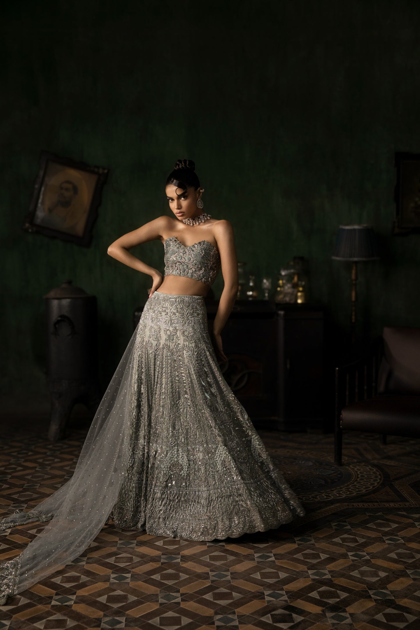 GREEN GREY ORGANZA LEHENGA WITH THREADWORK BLOUSE AND TULLE DUPATTA
