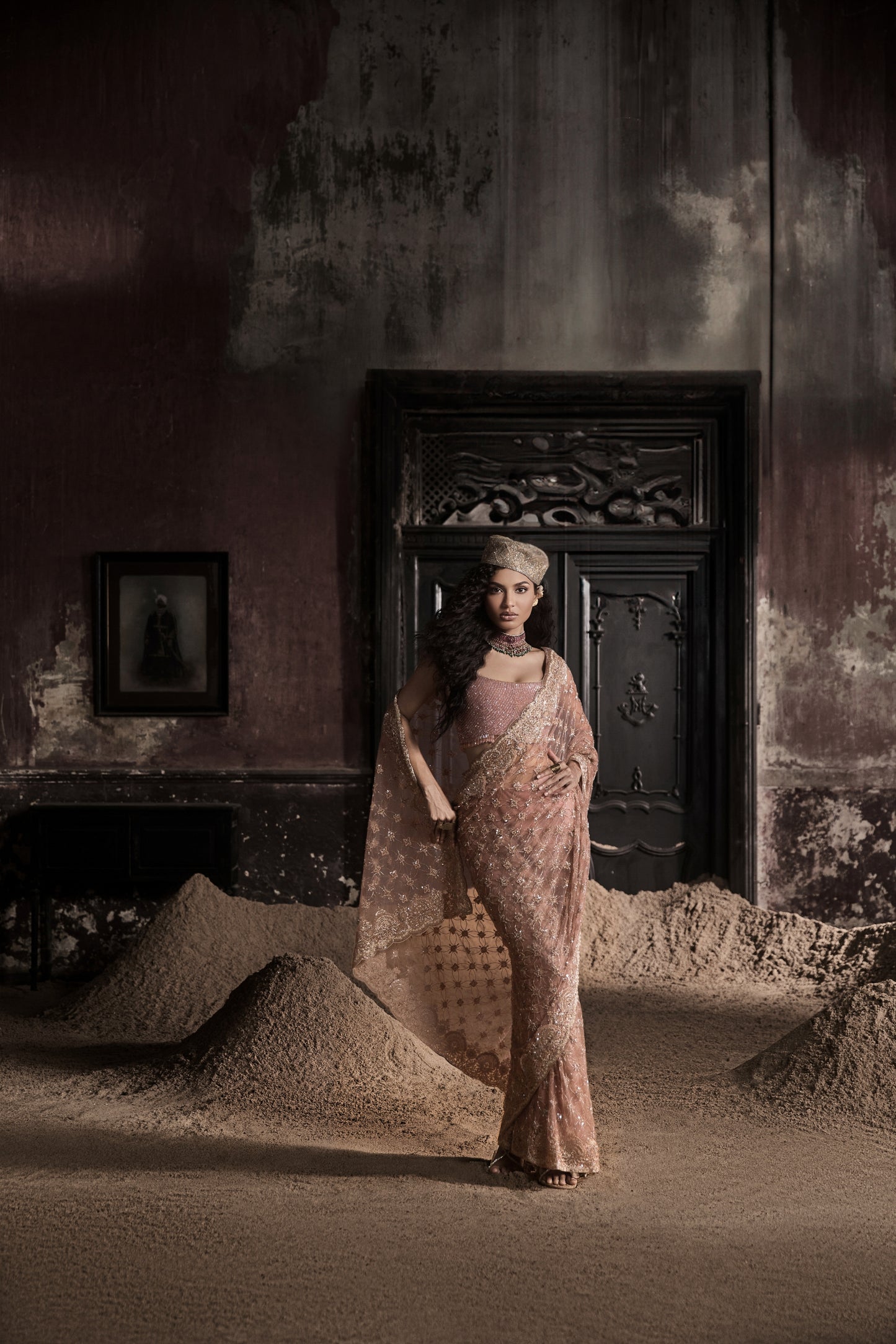 PEACH PRE-STITCHED TULLE SARI WITH CRYSTAL EMBELLISHED BLOUSE