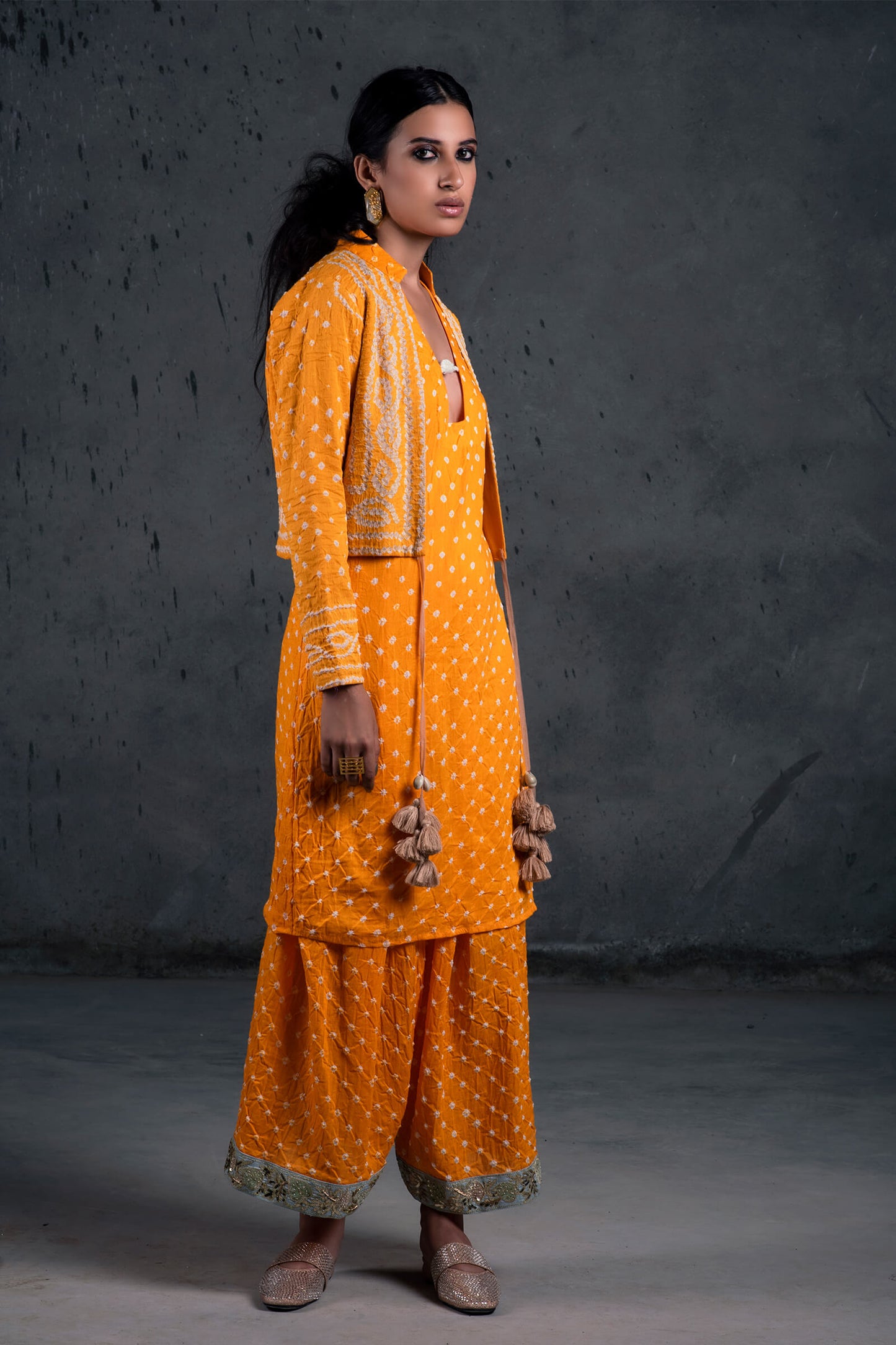 Yellow Bandhani Kurta And Pakistani Salwar With Jacket