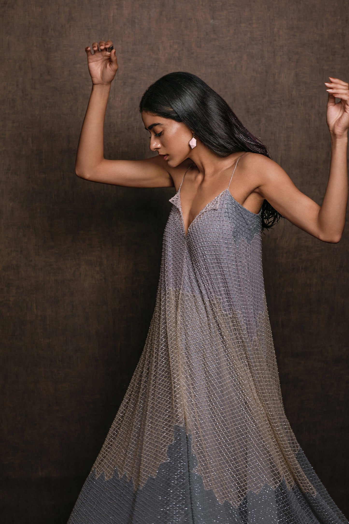 Grid Detail Tea Length Embellished Dress