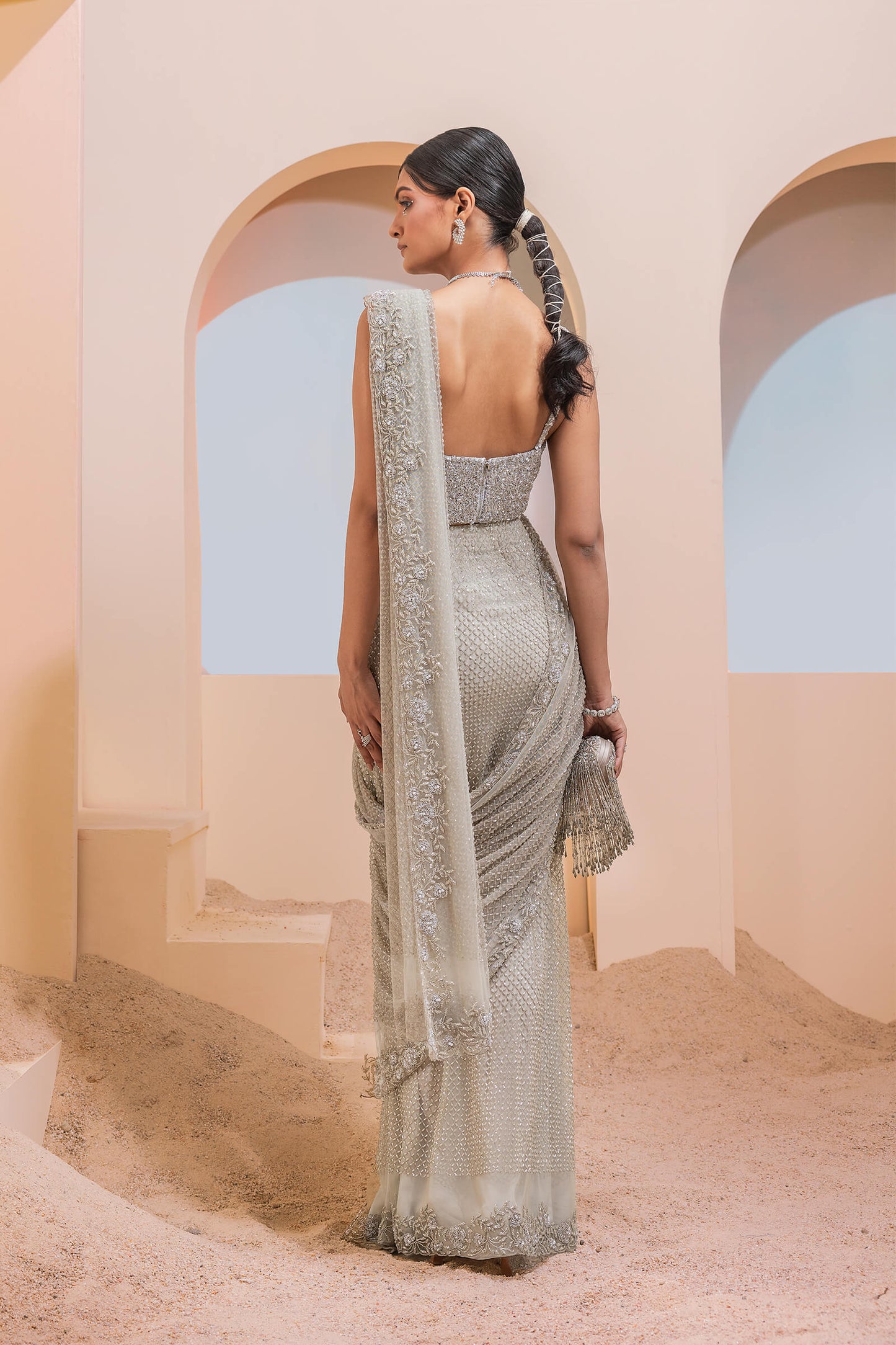 Steel Grey Grid Work Pre-stitched Sari With Beaded Corset