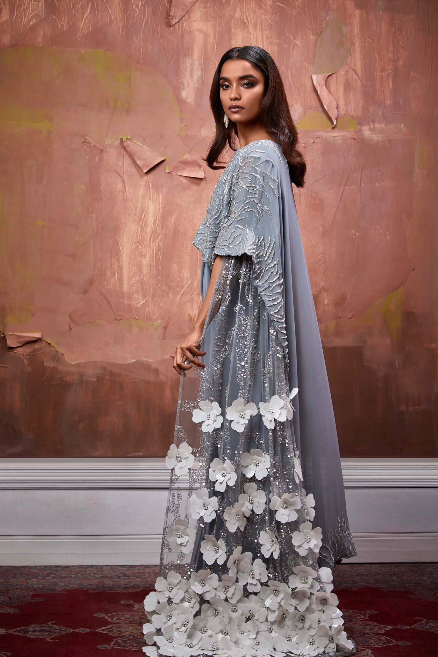 Powder Blue Prestitched Sari With Embroidered Cape