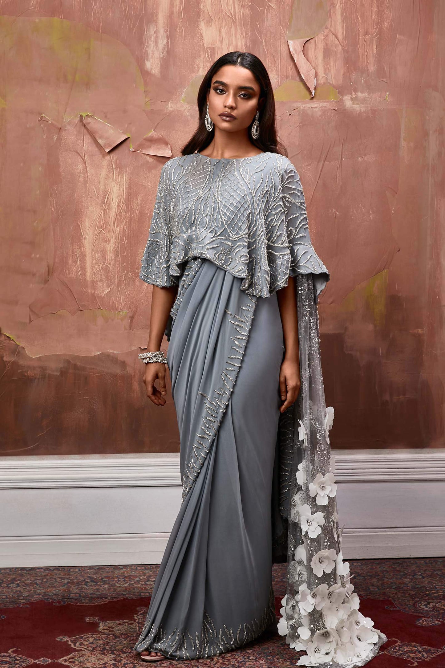 Powder Blue Prestitched Sari With Embroidered Cape