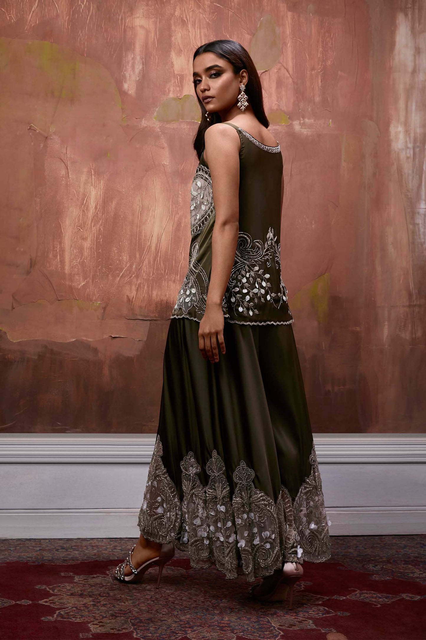 Forest Green Culottes With Emroidered Tulle Inlays And Embroidred Tunic
