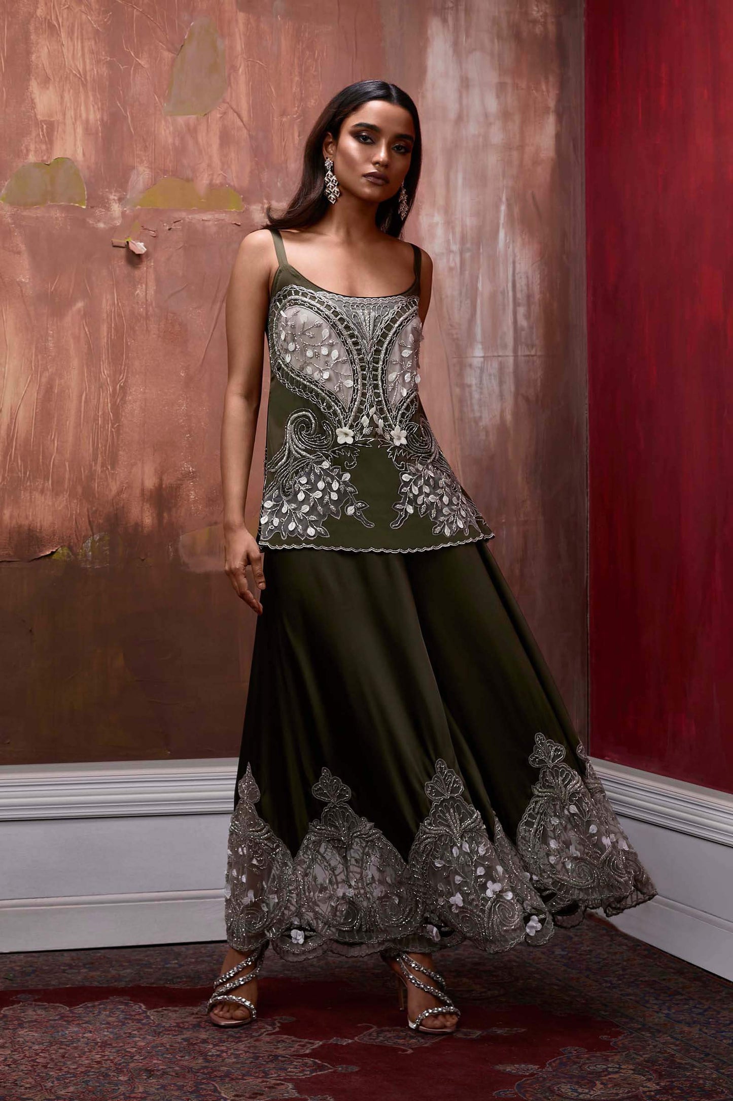Forest Green Culottes With Emroidered Tulle Inlays And Embroidred Tunic