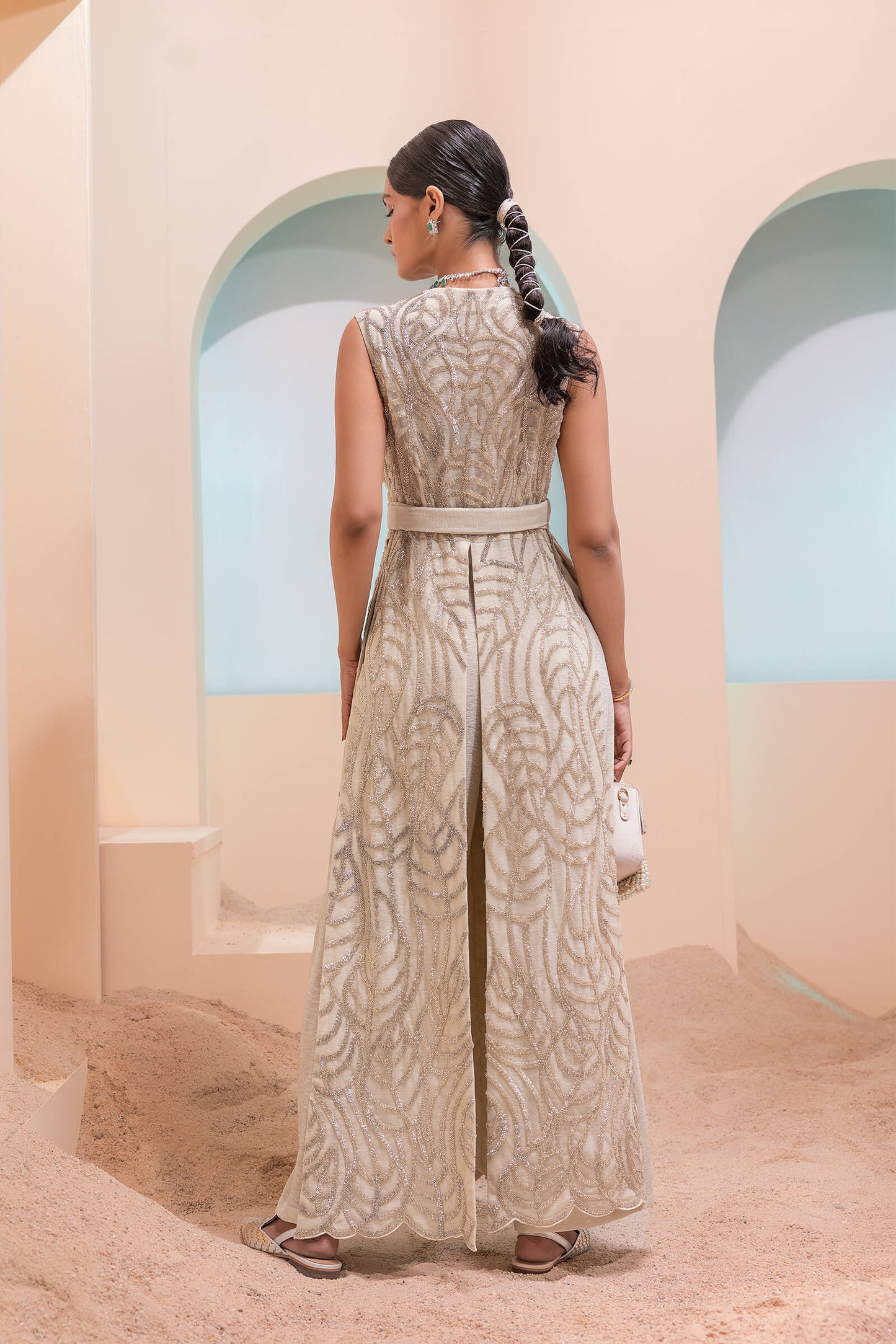 Cream Foliage Wrap On Jacket With Pants