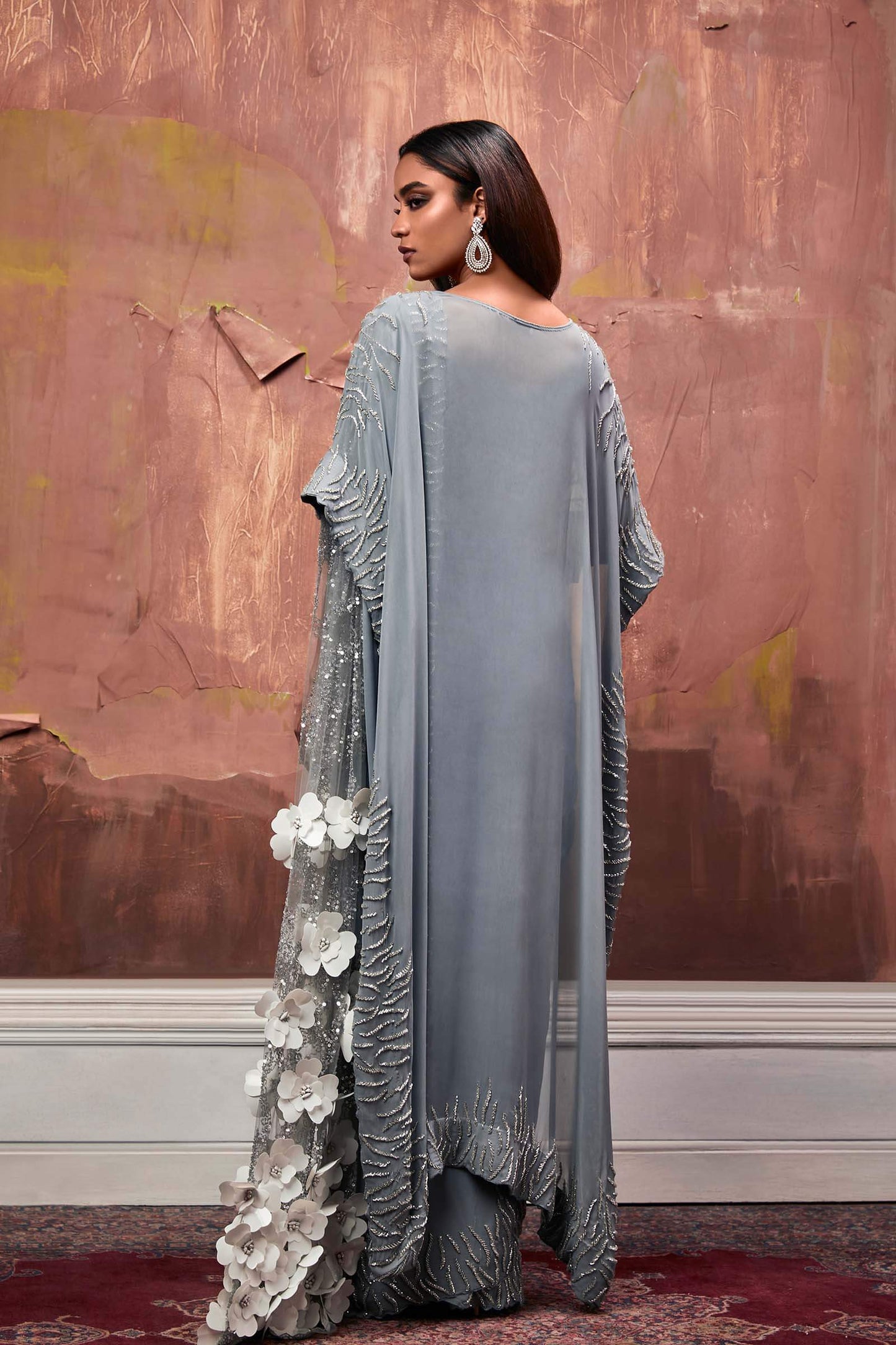 Powder Blue Prestitched Sari With Embroidered Cape