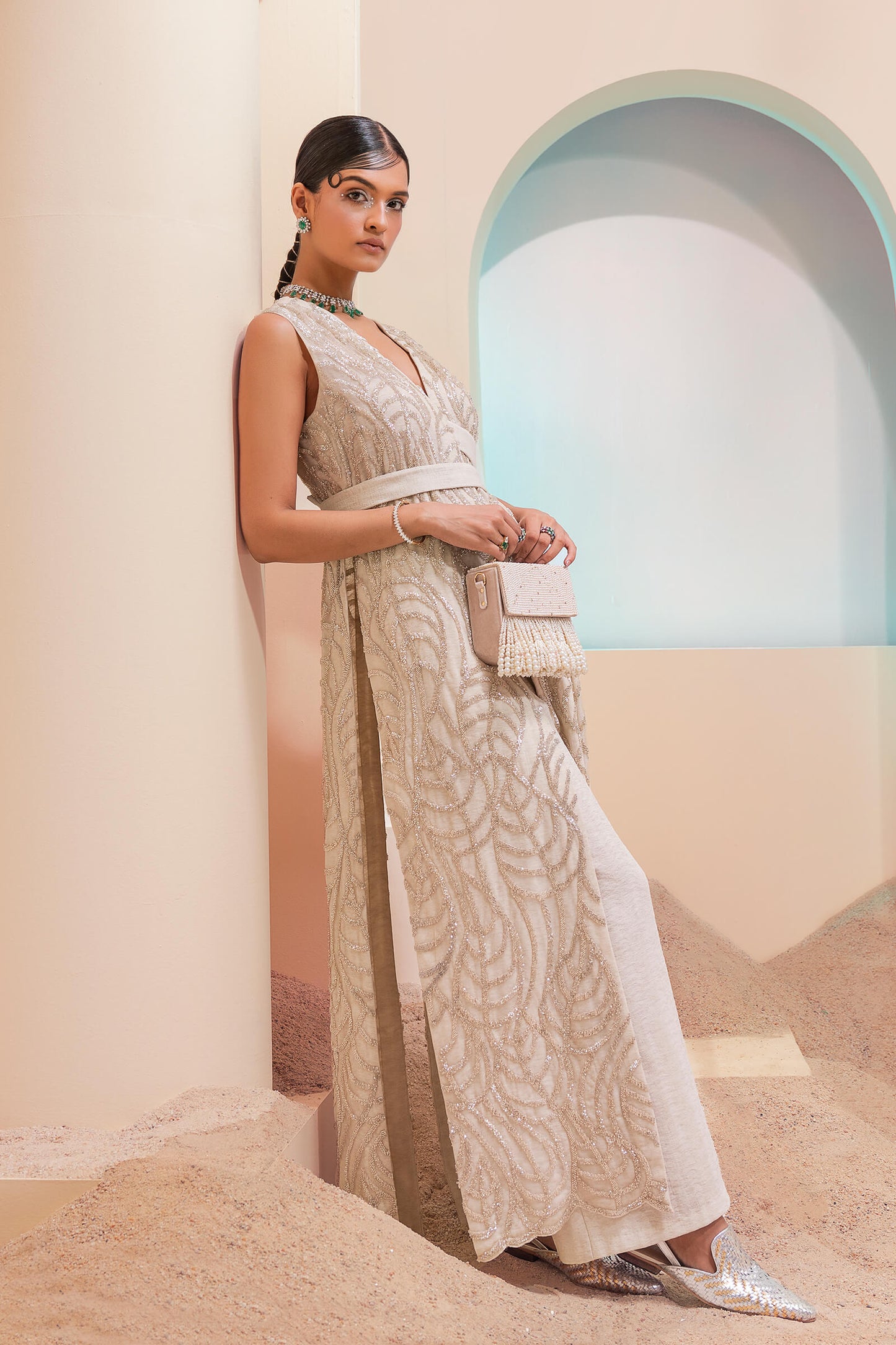 Cream Foliage Wrap On Jacket With Pants