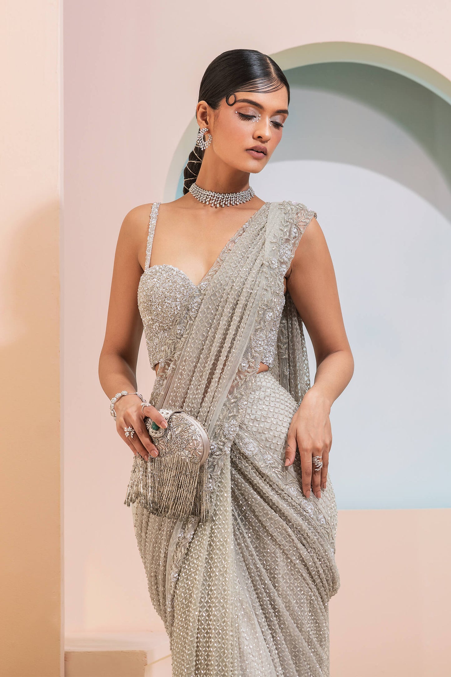Steel Grey Grid Work Pre-stitched Sari With Beaded Corset