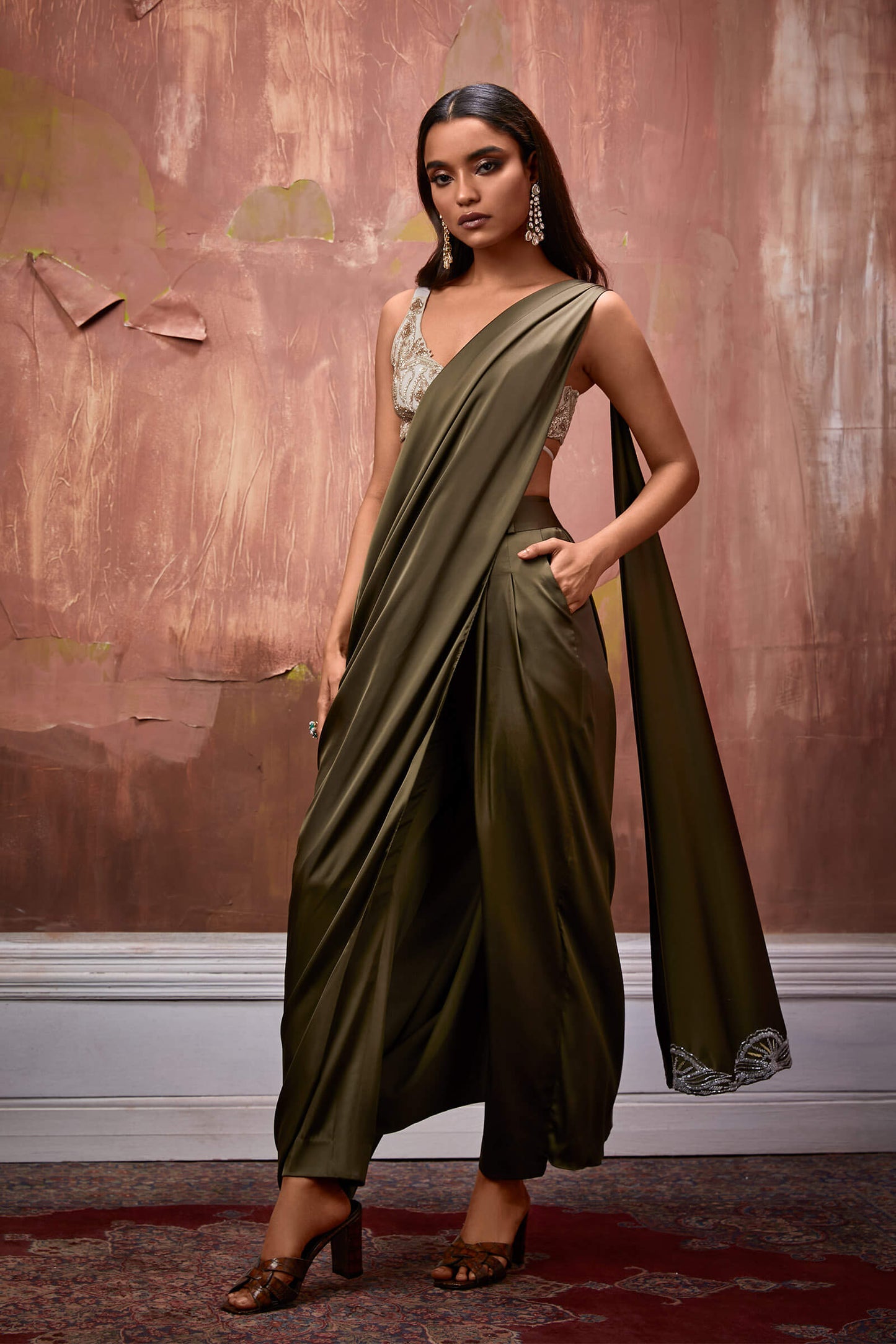 Forest Green Draped Pant Sari With Embroidered Tie Up Blouse