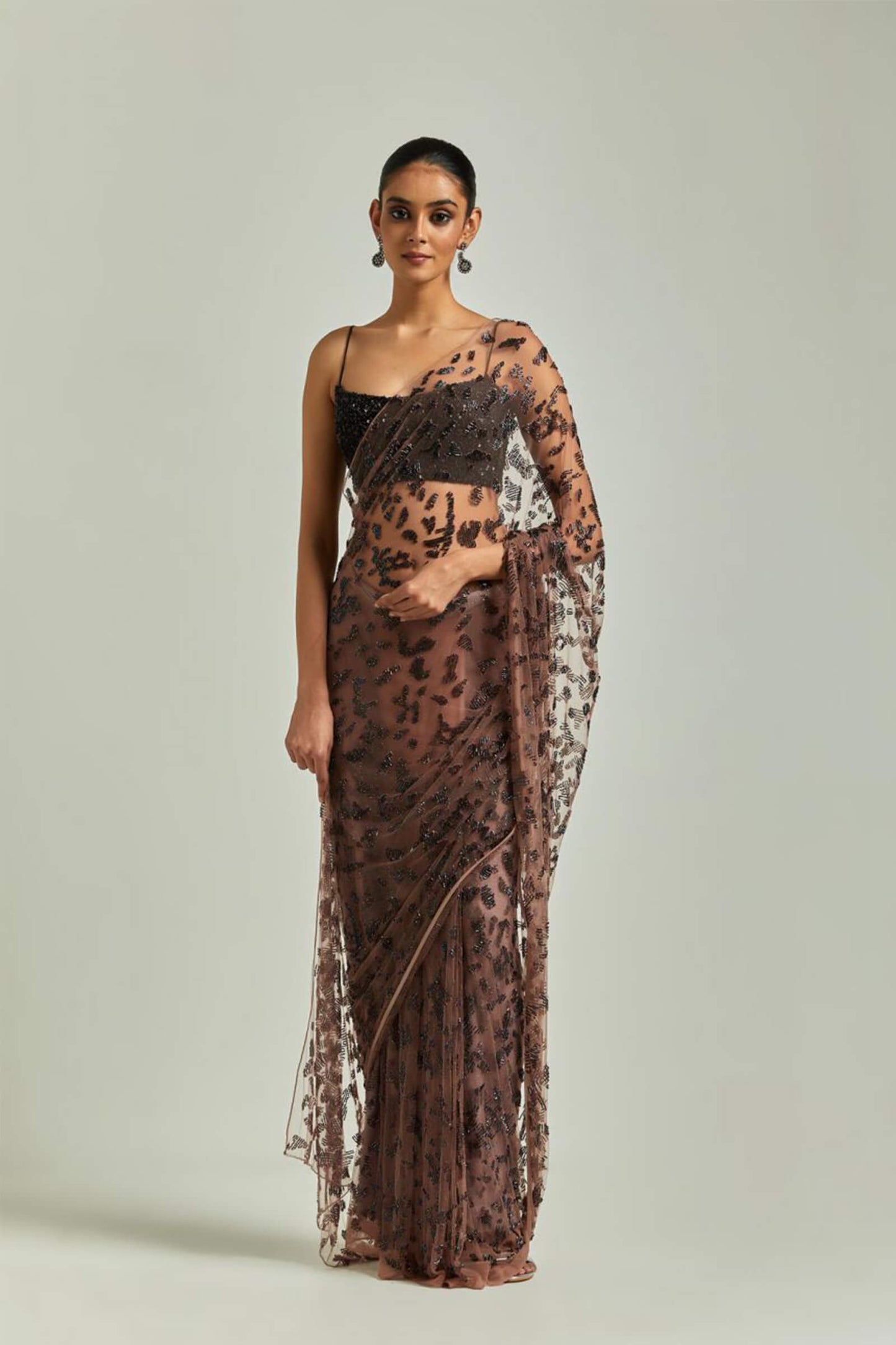 Burnt Pink Prestitched Tulle Sari Embellished With Bugle Beads And Sequinned Blouse With Noodle Straps