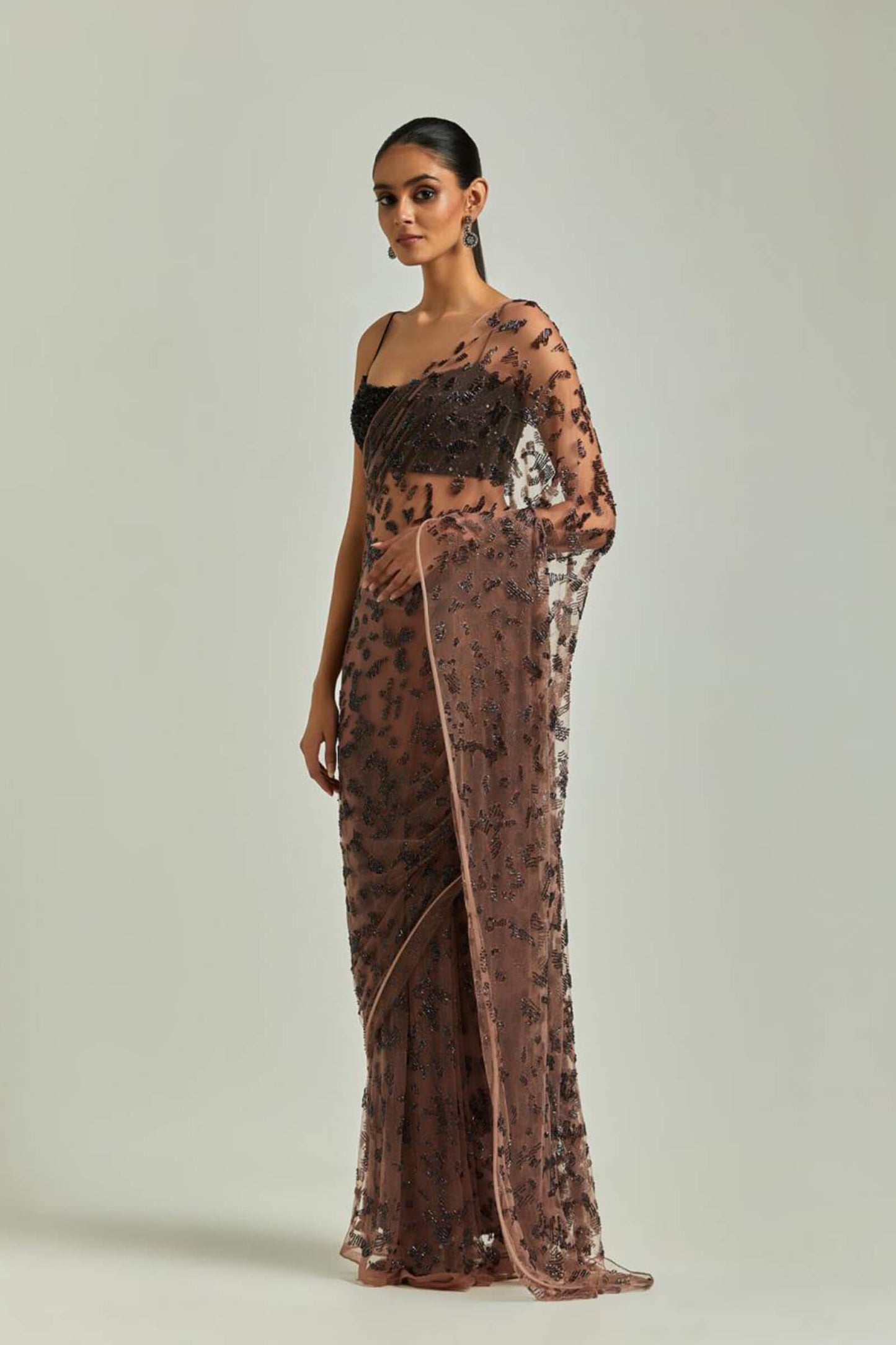 Burnt Pink Prestitched Tulle Sari Embellished With Bugle Beads And Sequinned Blouse With Noodle Straps
