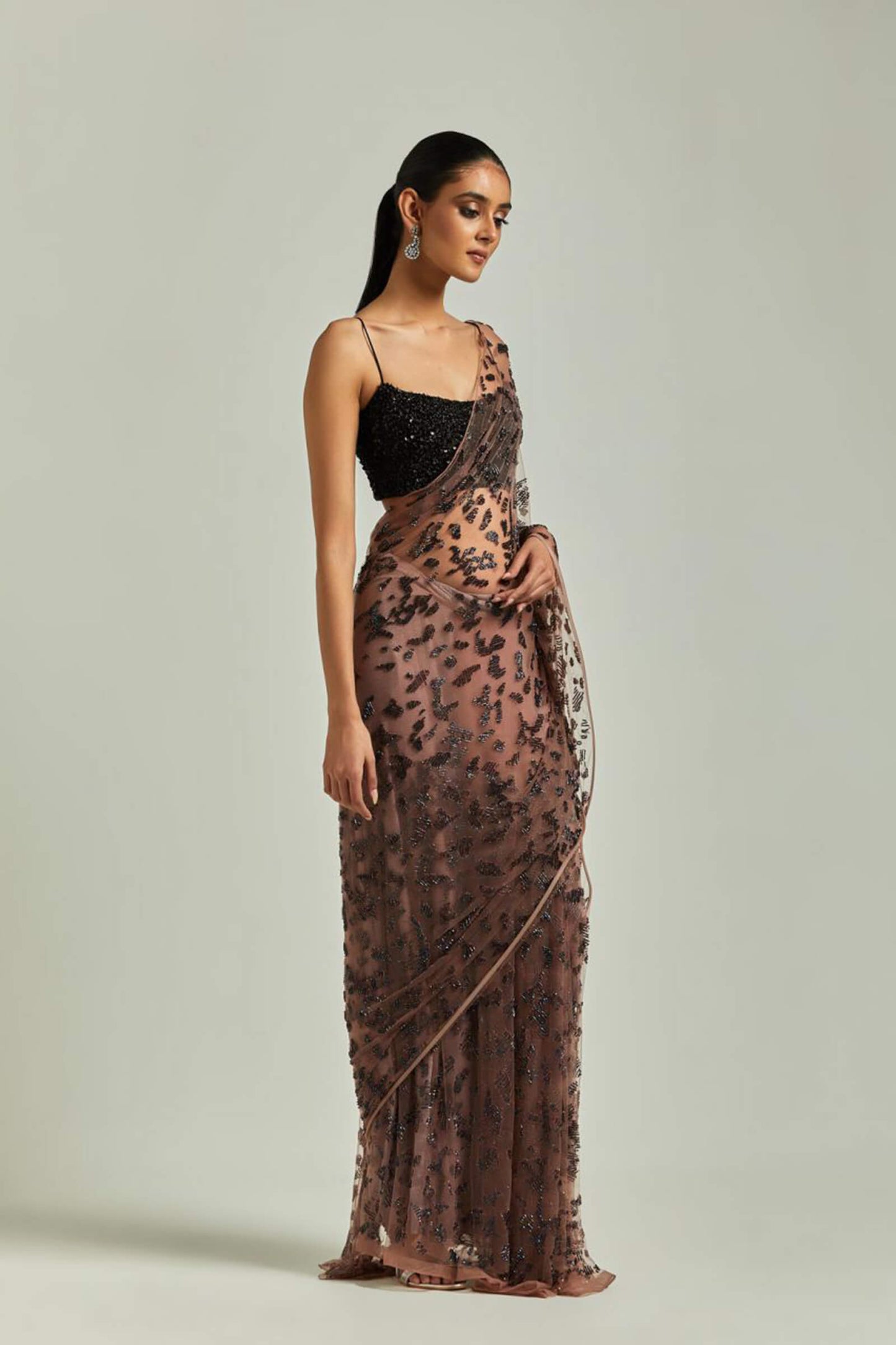 Burnt Pink Prestitched Tulle Sari Embellished With Bugle Beads And Sequinned Blouse With Noodle Straps