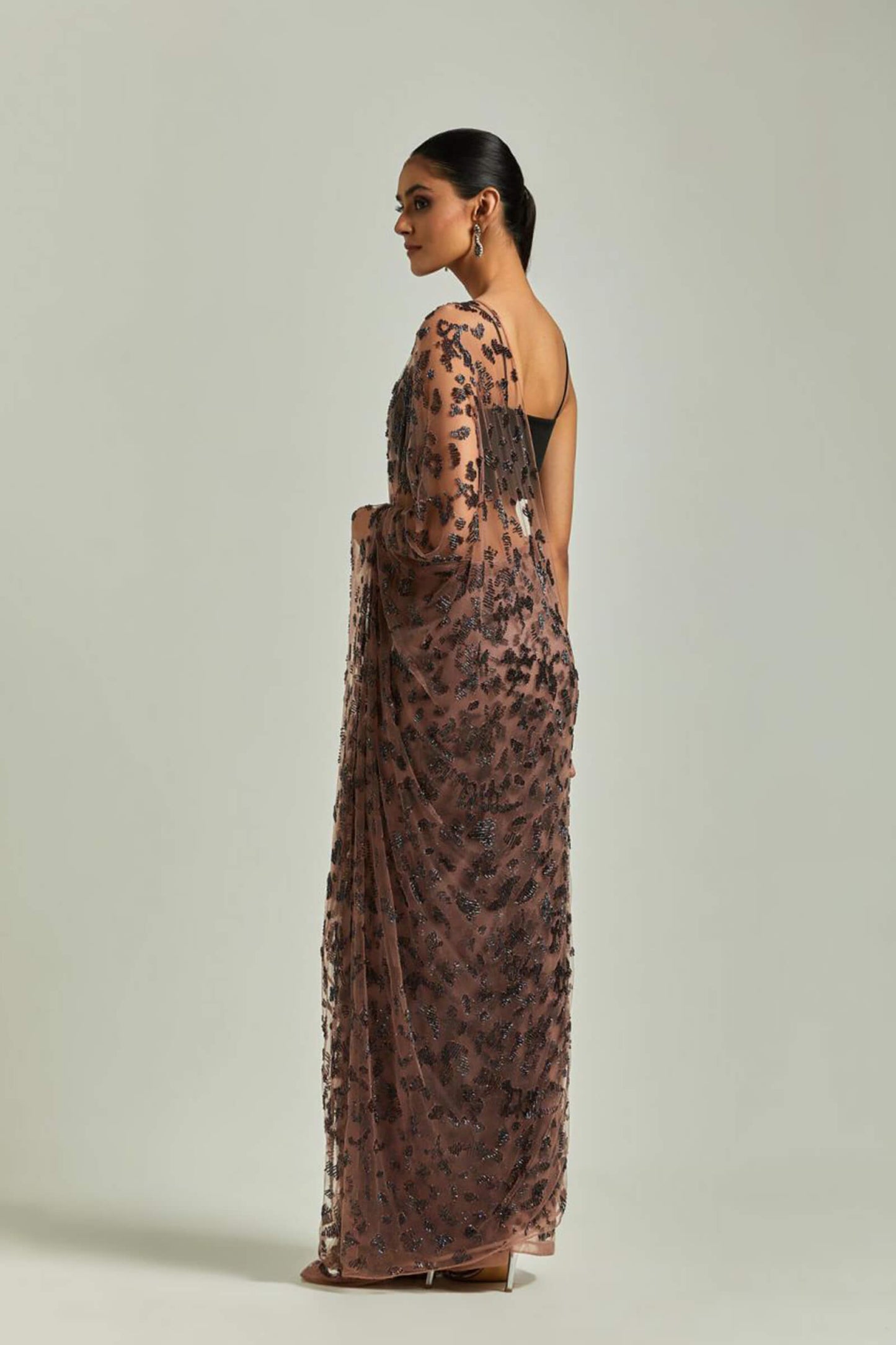 Burnt Pink Prestitched Tulle Sari Embellished With Bugle Beads And Sequinned Blouse With Noodle Straps