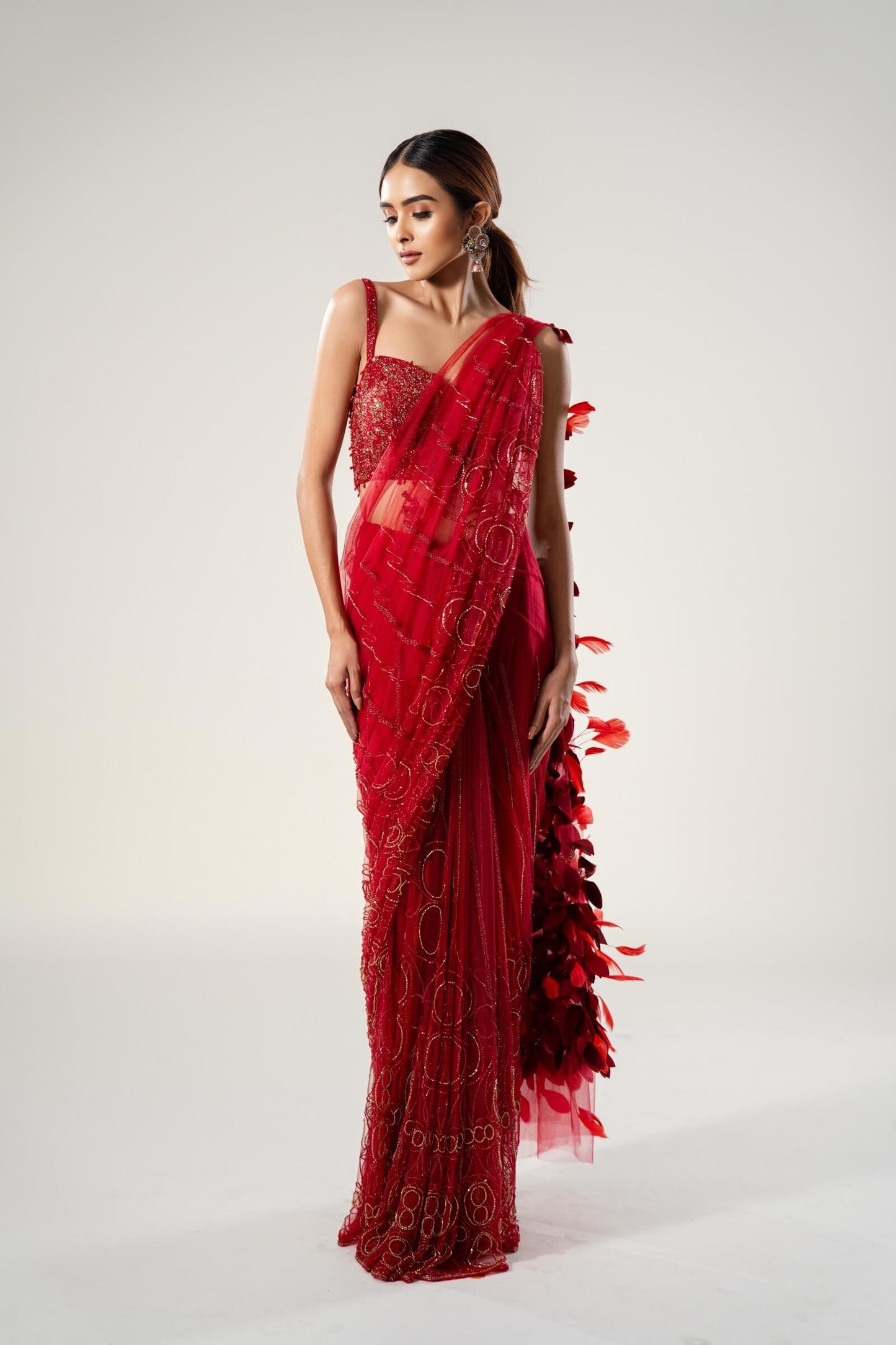 Red Beadwork Prestitched Sari With Feather Aanchal And Beaded Blouse