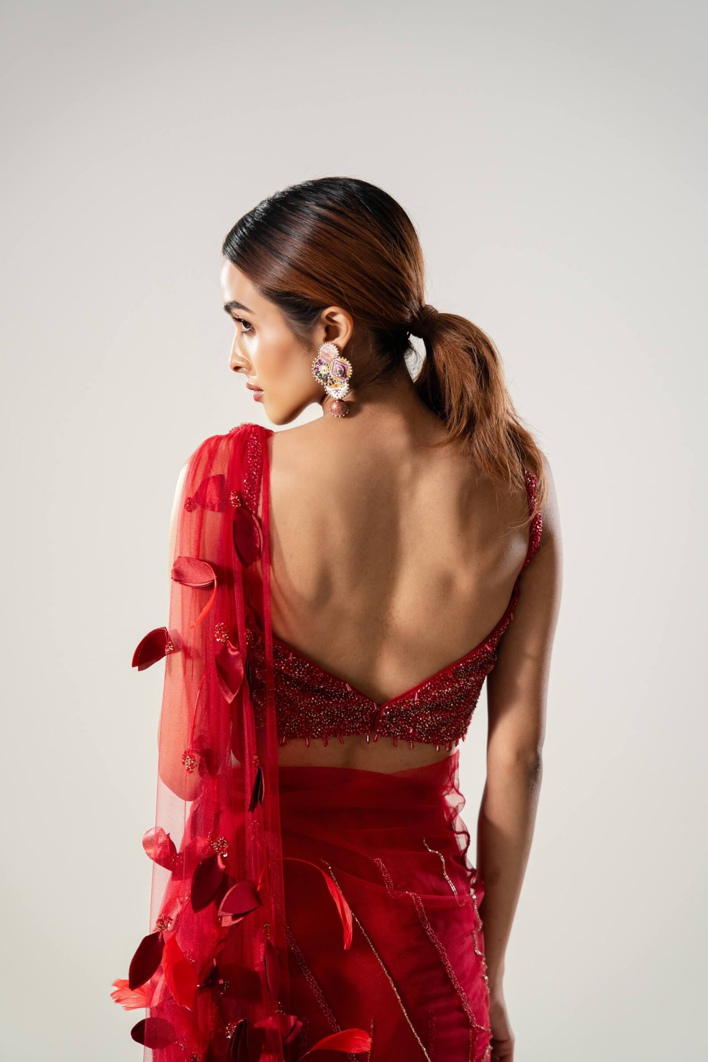 Red Beadwork Prestitched Sari With Feather Aanchal And Beaded Blouse