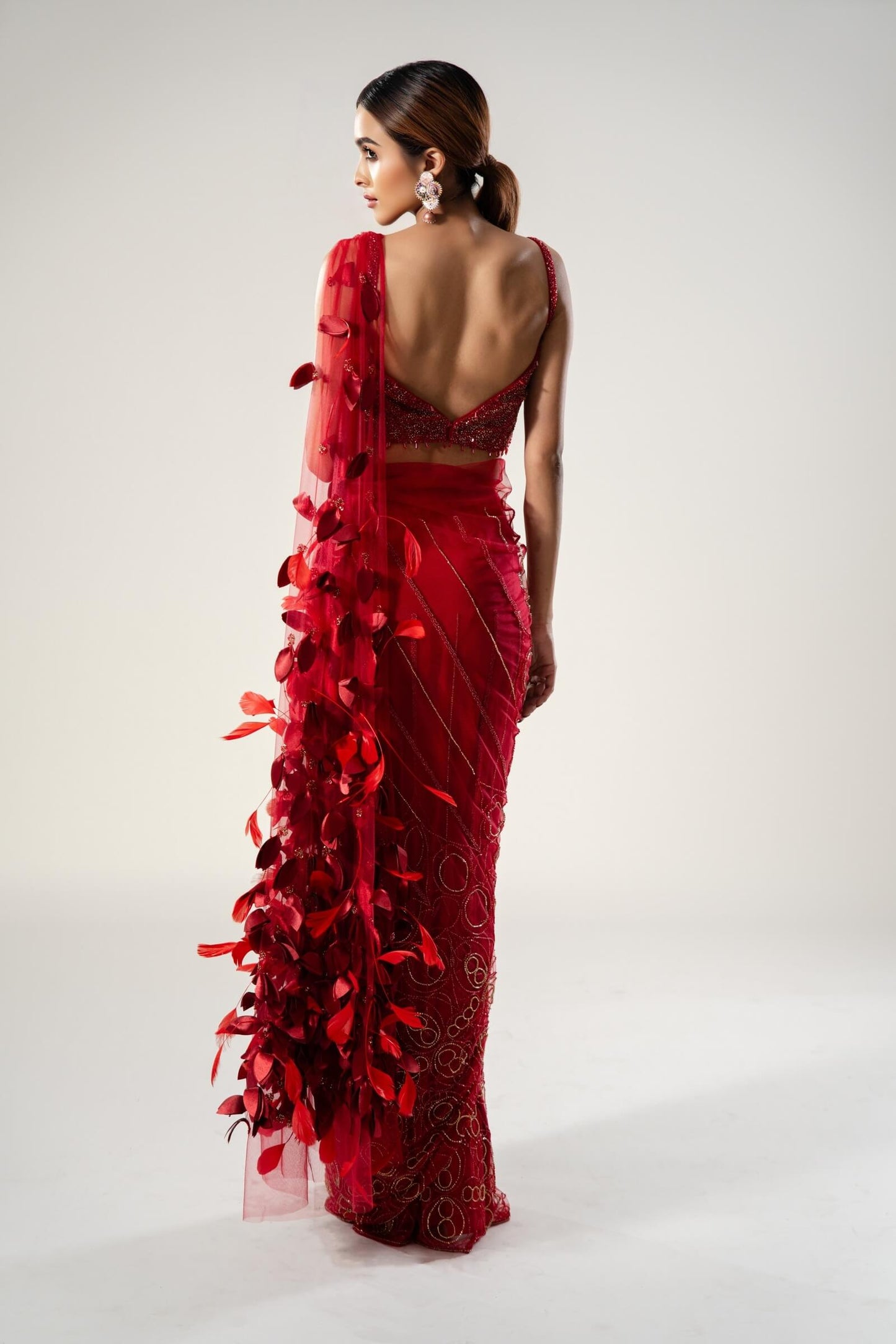 Red Beadwork Prestitched Sari With Feather Aanchal And Beaded Blouse