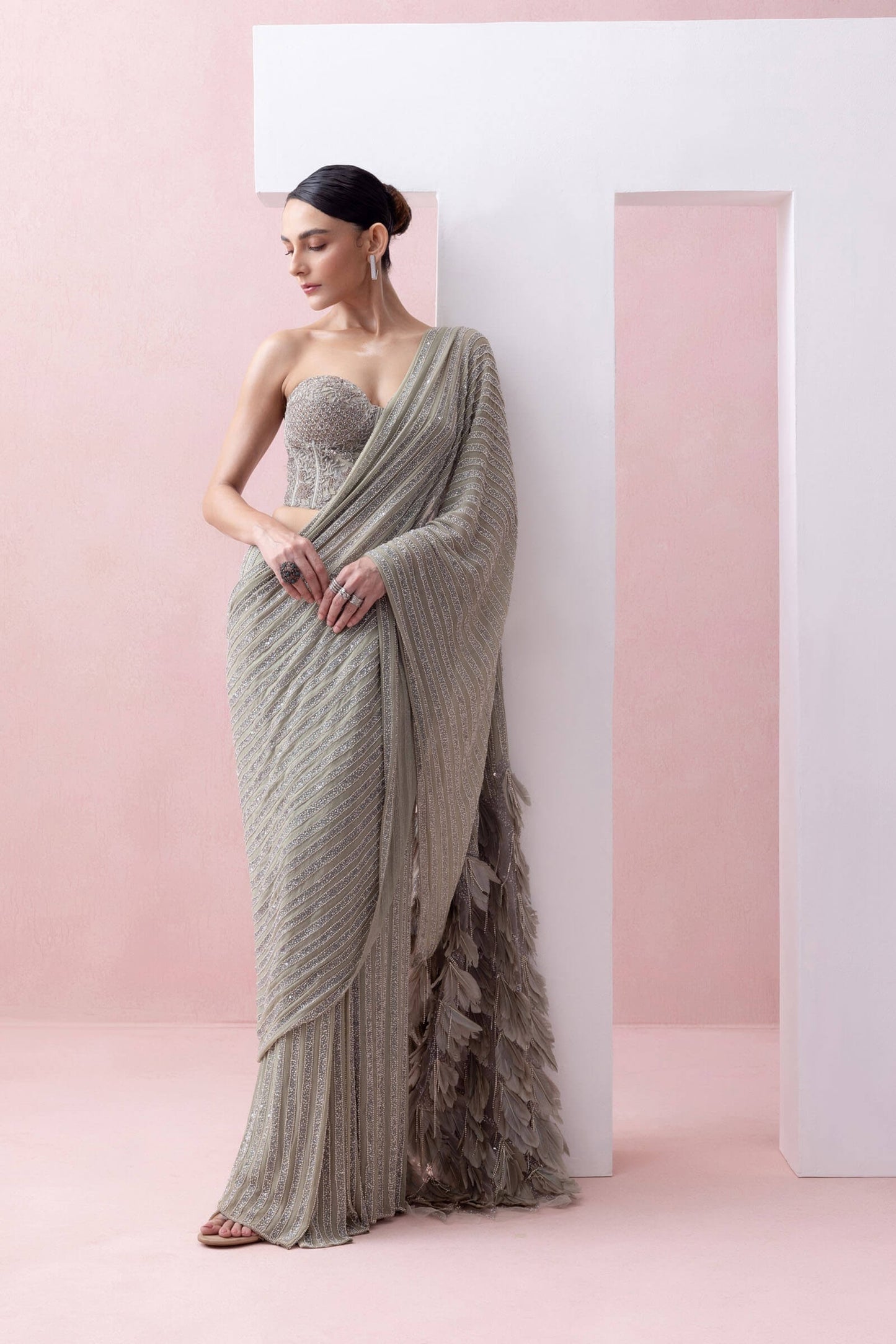 Grey-green Pre-stitched Sworowski Sari With Feather Aanchal And Embroidered Corset