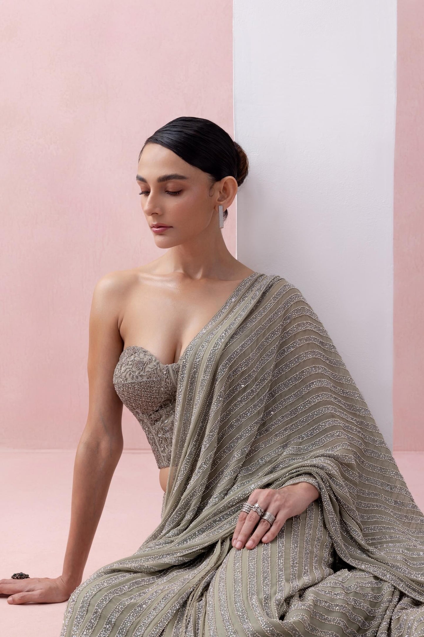 Grey-green Pre-stitched Sworowski Sari With Feather Aanchal And Embroidered Corset