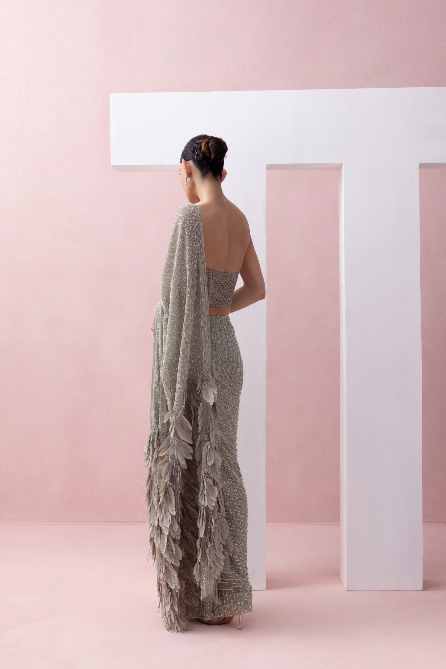 Grey-green Pre-stitched Sworowski Sari With Feather Aanchal And Embroidered Corset
