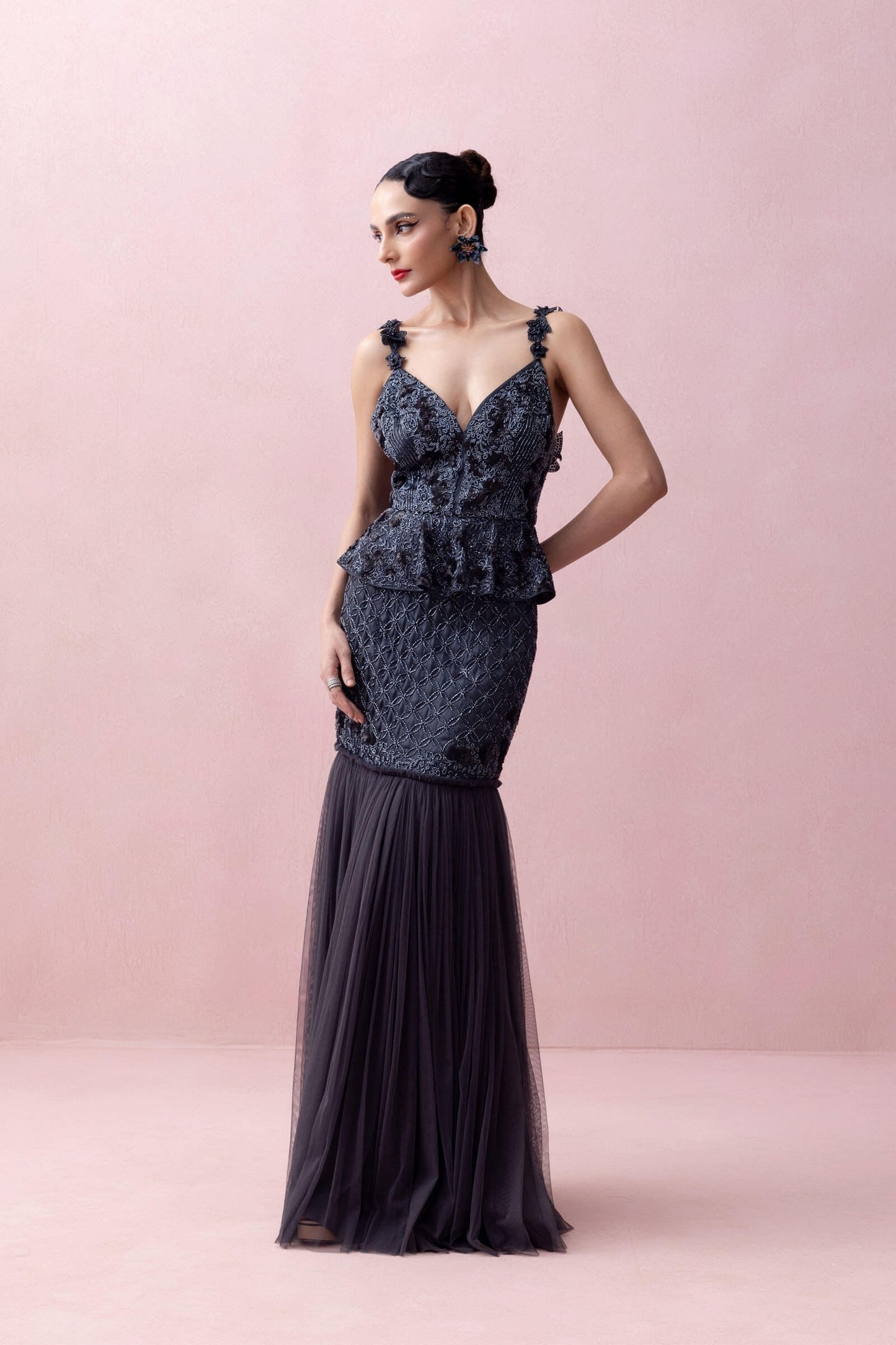 Aegean Blue Organza Peplum and Mermaid Skirt Set