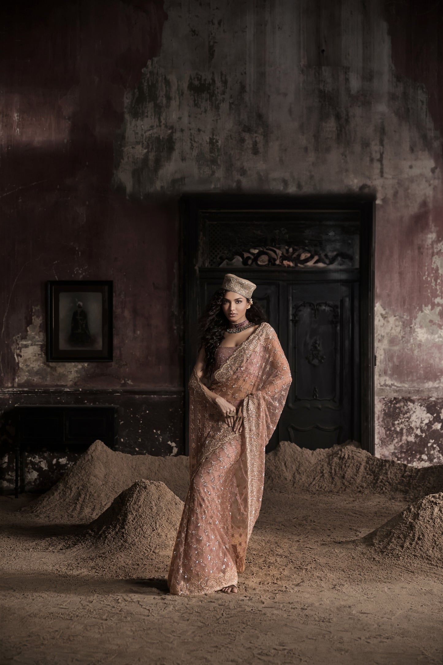 PEACH PRE-STITCHED TULLE SARI WITH CRYSTAL EMBELLISHED BLOUSE