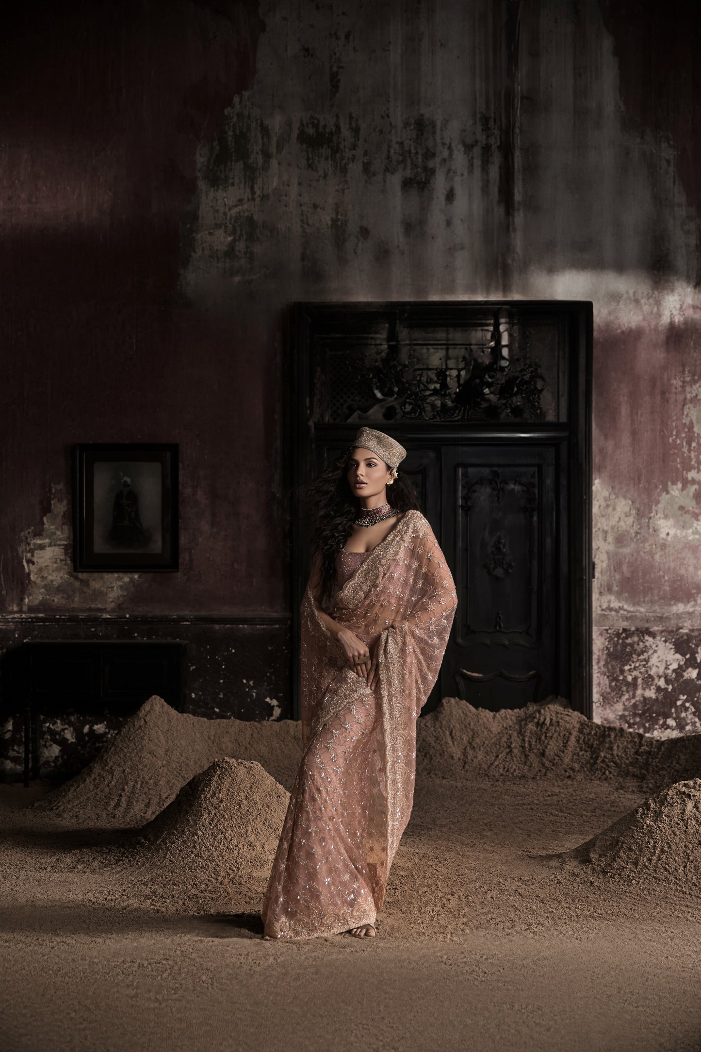 PEACH PRE-STITCHED TULLE SARI WITH CRYSTAL EMBELLISHED BLOUSE