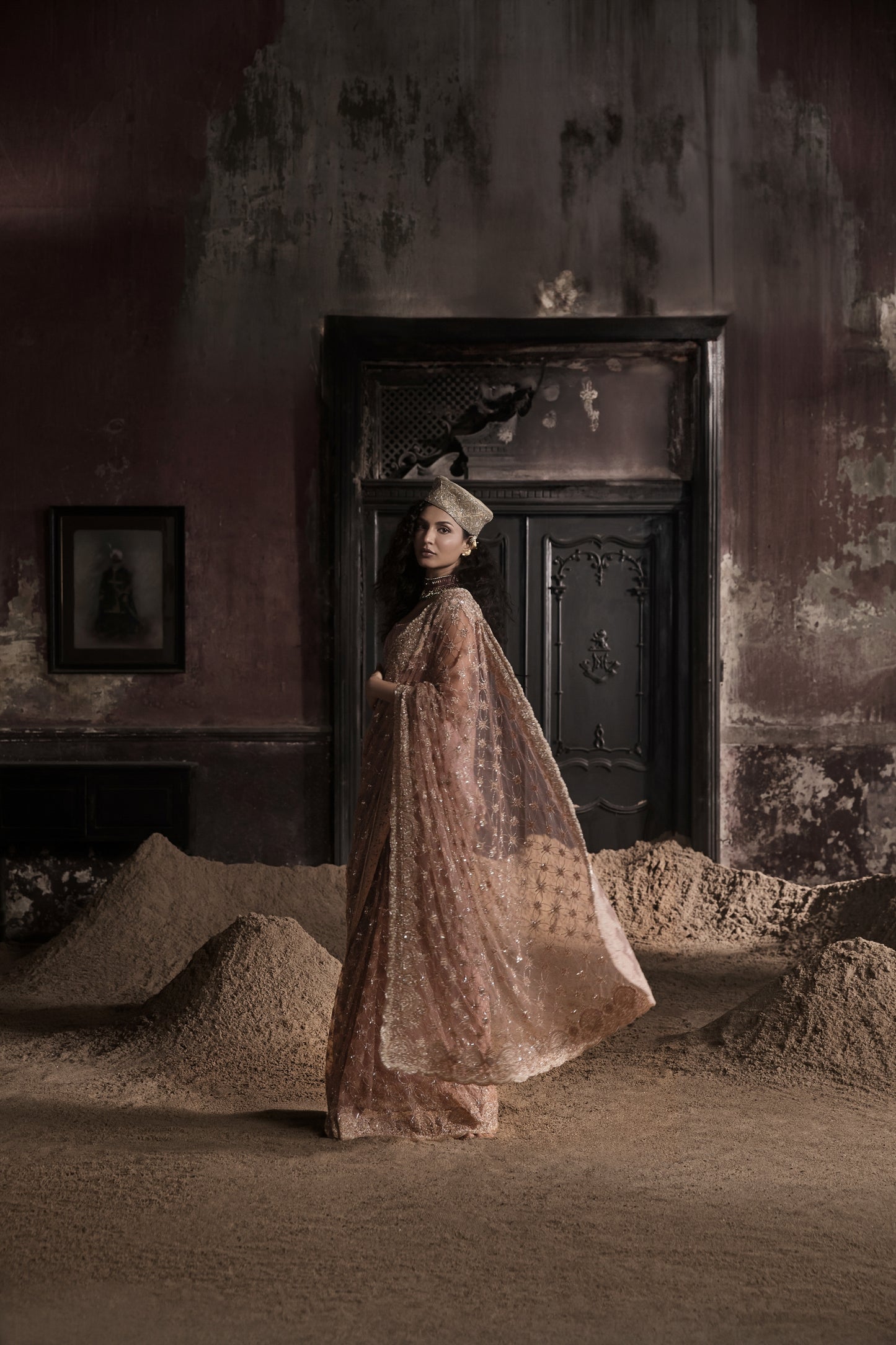 PEACH PRE-STITCHED TULLE SARI WITH CRYSTAL EMBELLISHED BLOUSE