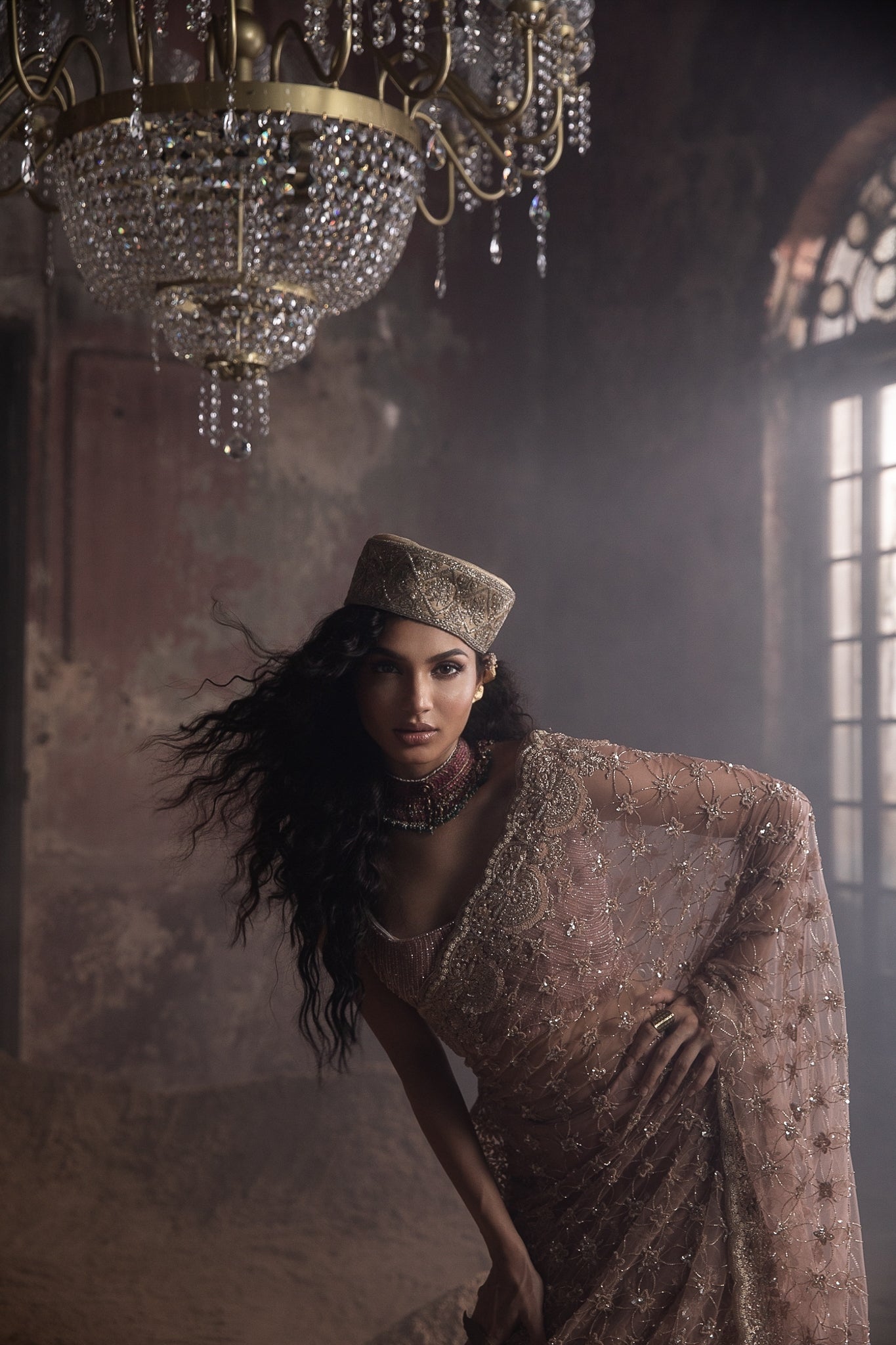 PEACH PRE-STITCHED TULLE SARI WITH CRYSTAL EMBELLISHED BLOUSE