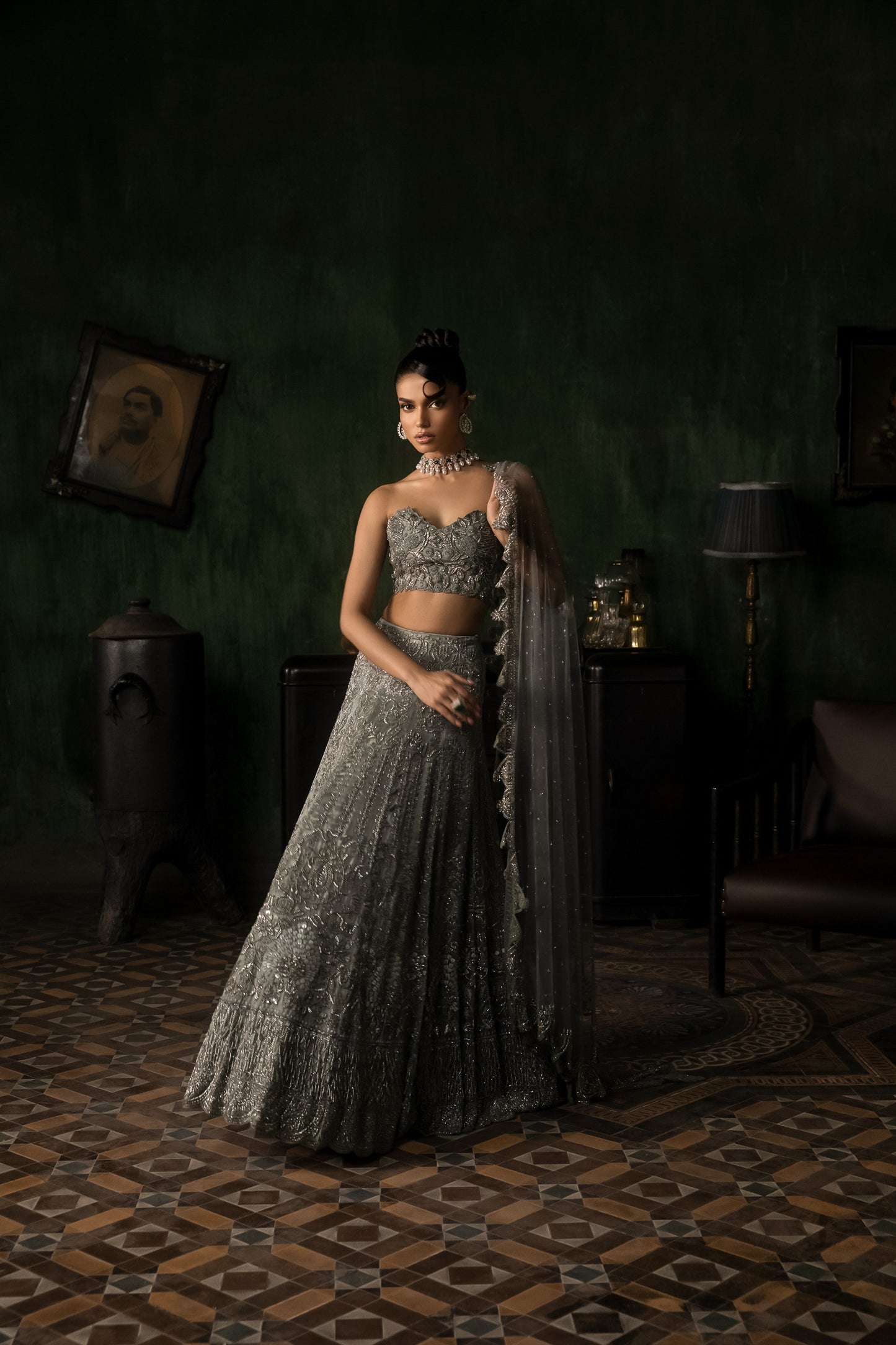 GREEN GREY ORGANZA LEHENGA WITH THREADWORK BLOUSE AND TULLE DUPATTA