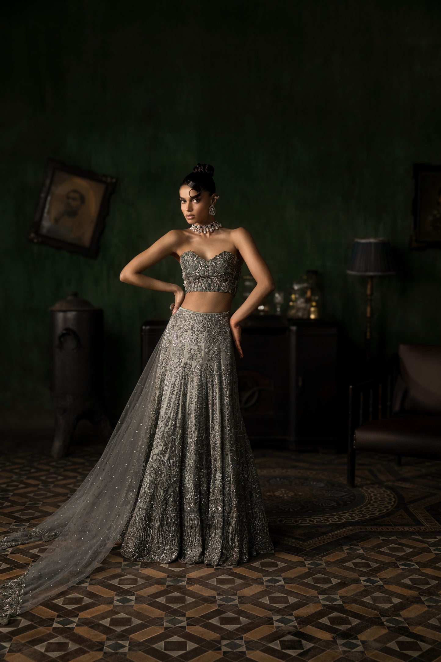 GREEN GREY ORGANZA LEHENGA WITH THREADWORK BLOUSE AND TULLE DUPATTA
