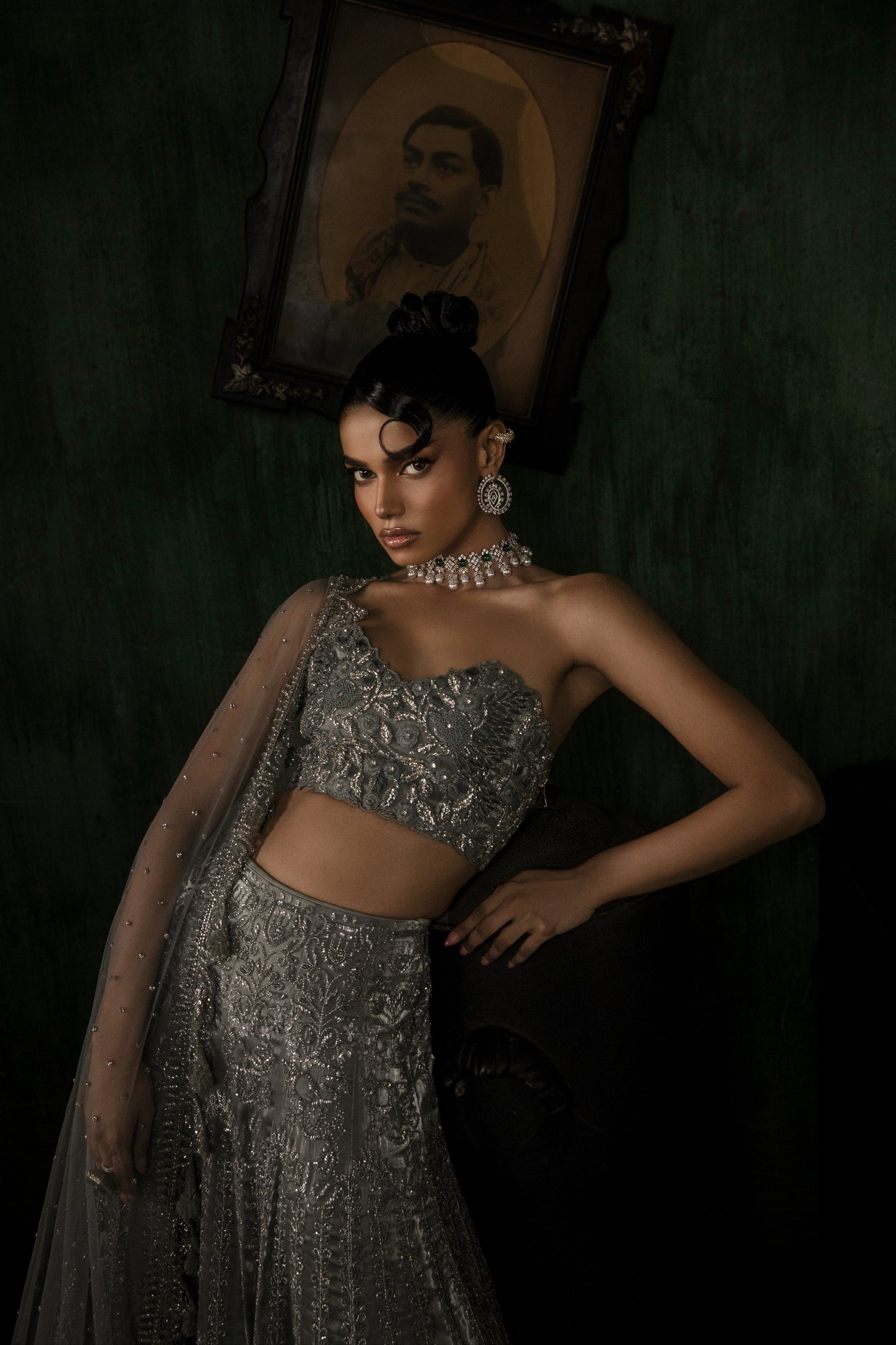 GREEN GREY ORGANZA LEHENGA WITH THREADWORK BLOUSE AND TULLE DUPATTA