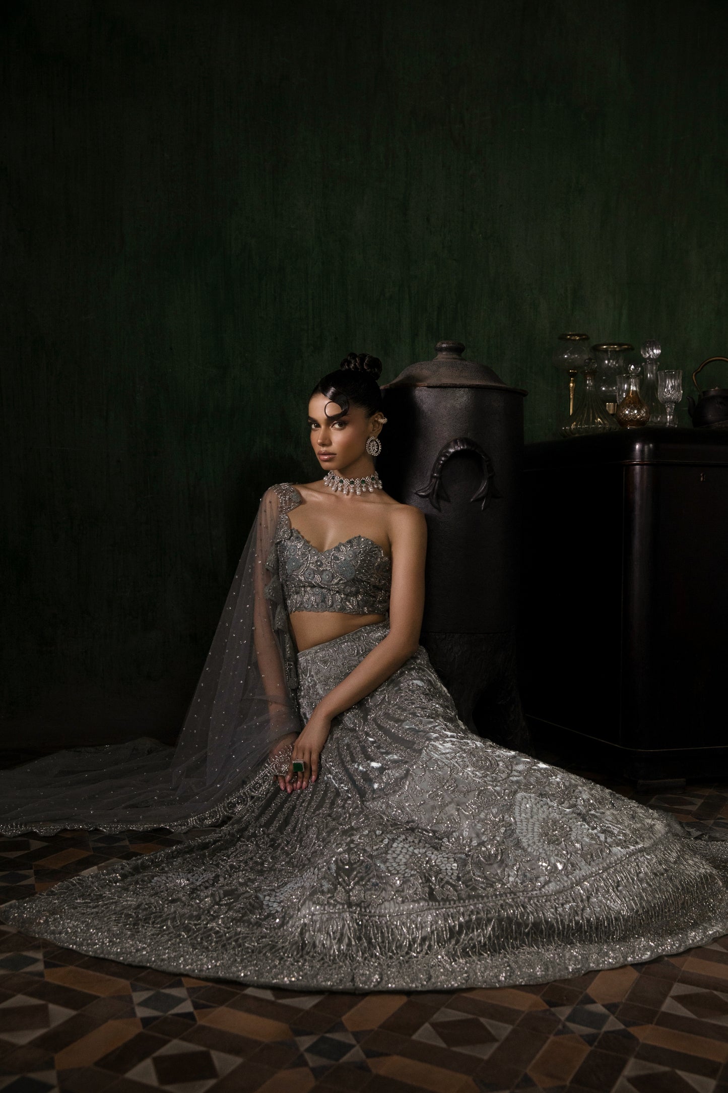 GREEN GREY ORGANZA LEHENGA WITH THREADWORK BLOUSE AND TULLE DUPATTA