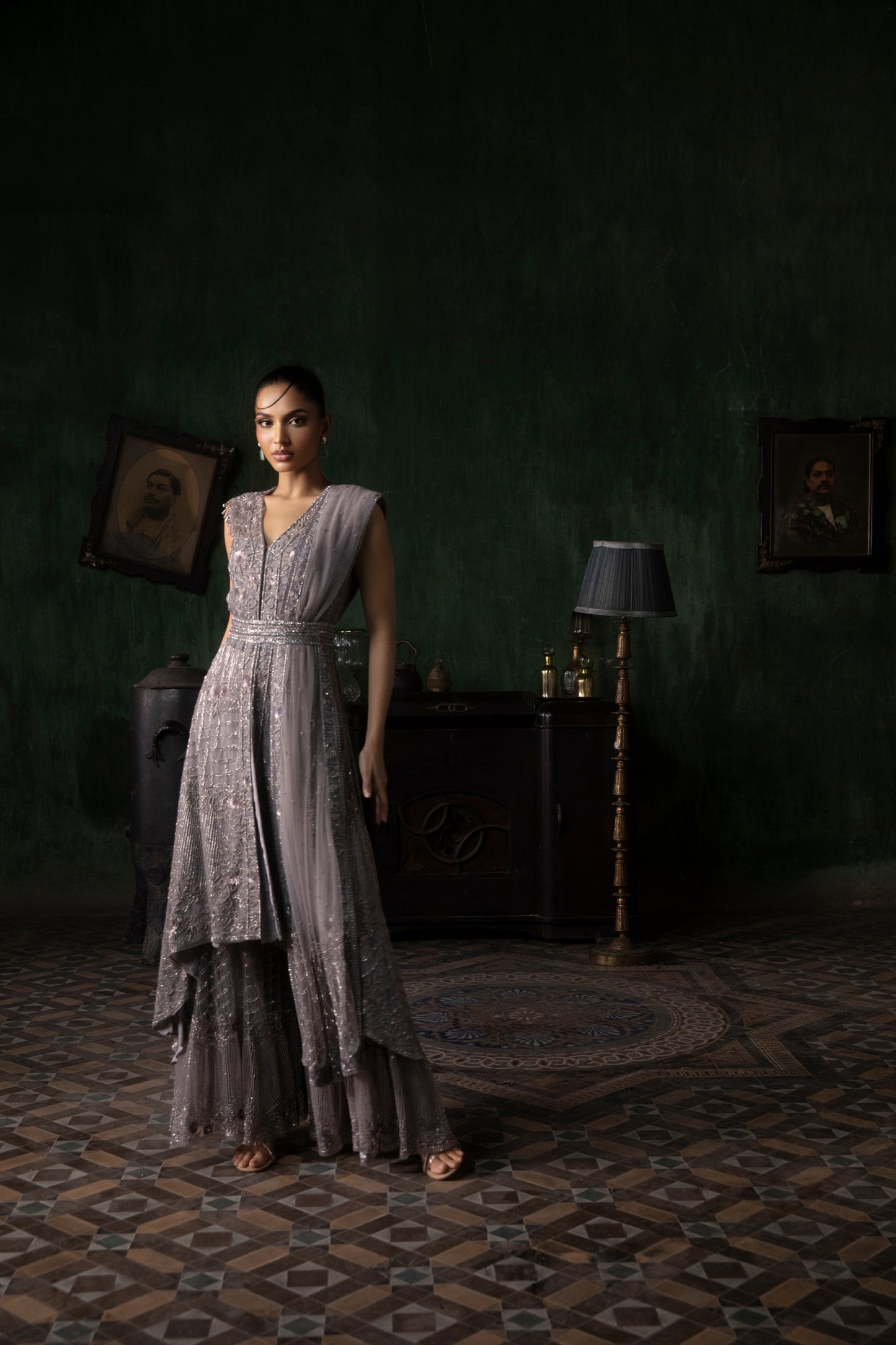 MAUVE SHARARA SET WITH ASYMETRICAL HEMLINE