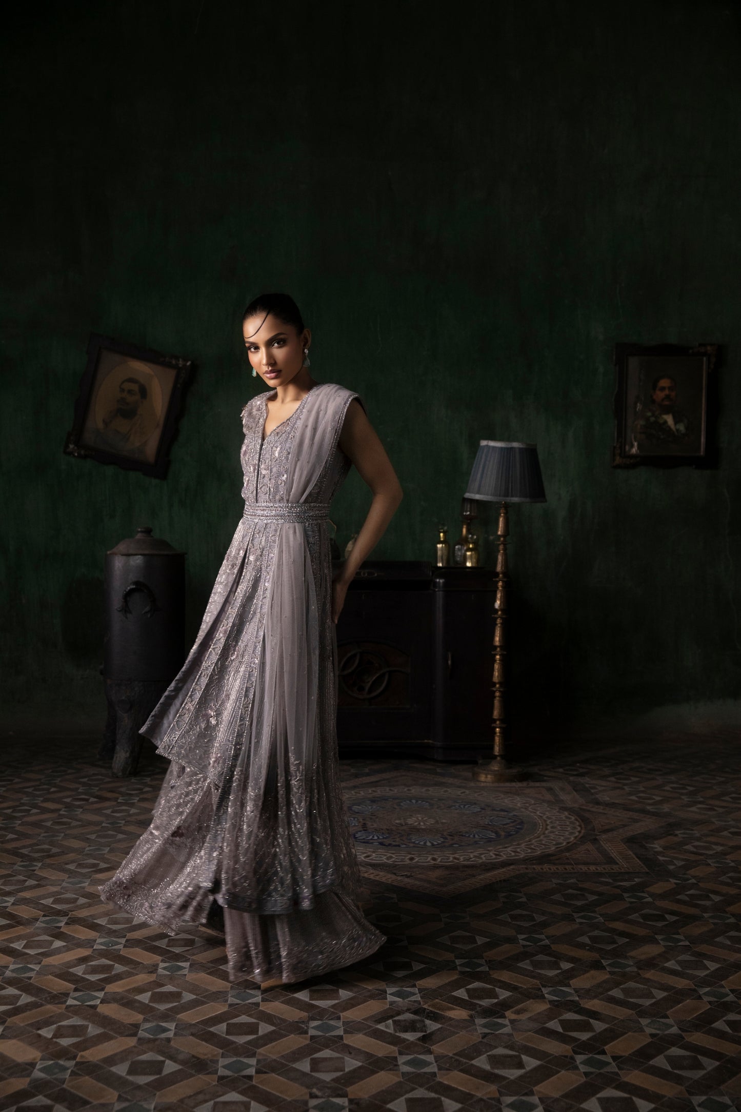 MAUVE SHARARA SET WITH ASYMETRICAL HEMLINE