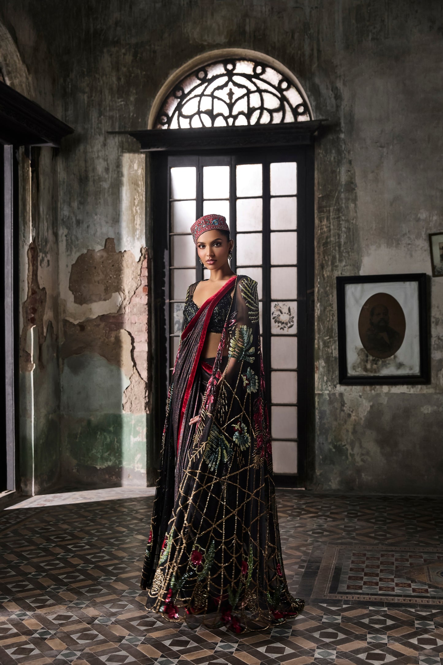 BLACK FOIL PRE-STITCHED DRAPE SARI WITH HAND EMBROIDERED CAPE AND BLOUSE