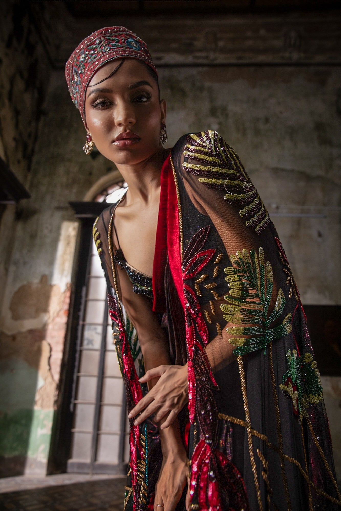 BLACK FOIL PRE-STITCHED DRAPE SARI WITH HAND EMBROIDERED CAPE AND BLOUSE