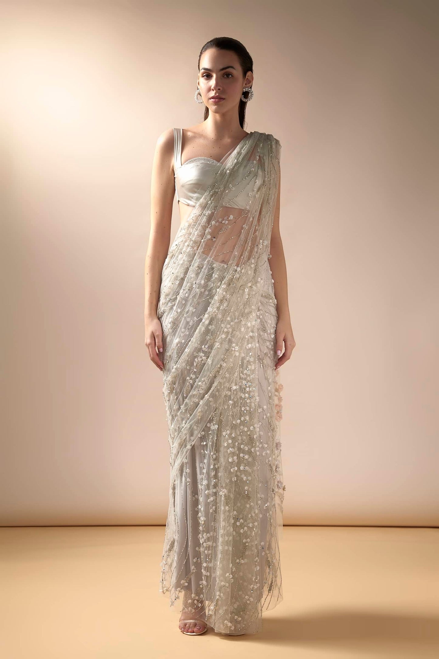 Sea Spray Sari With Stone Studded Satin Blouse (Ivory)