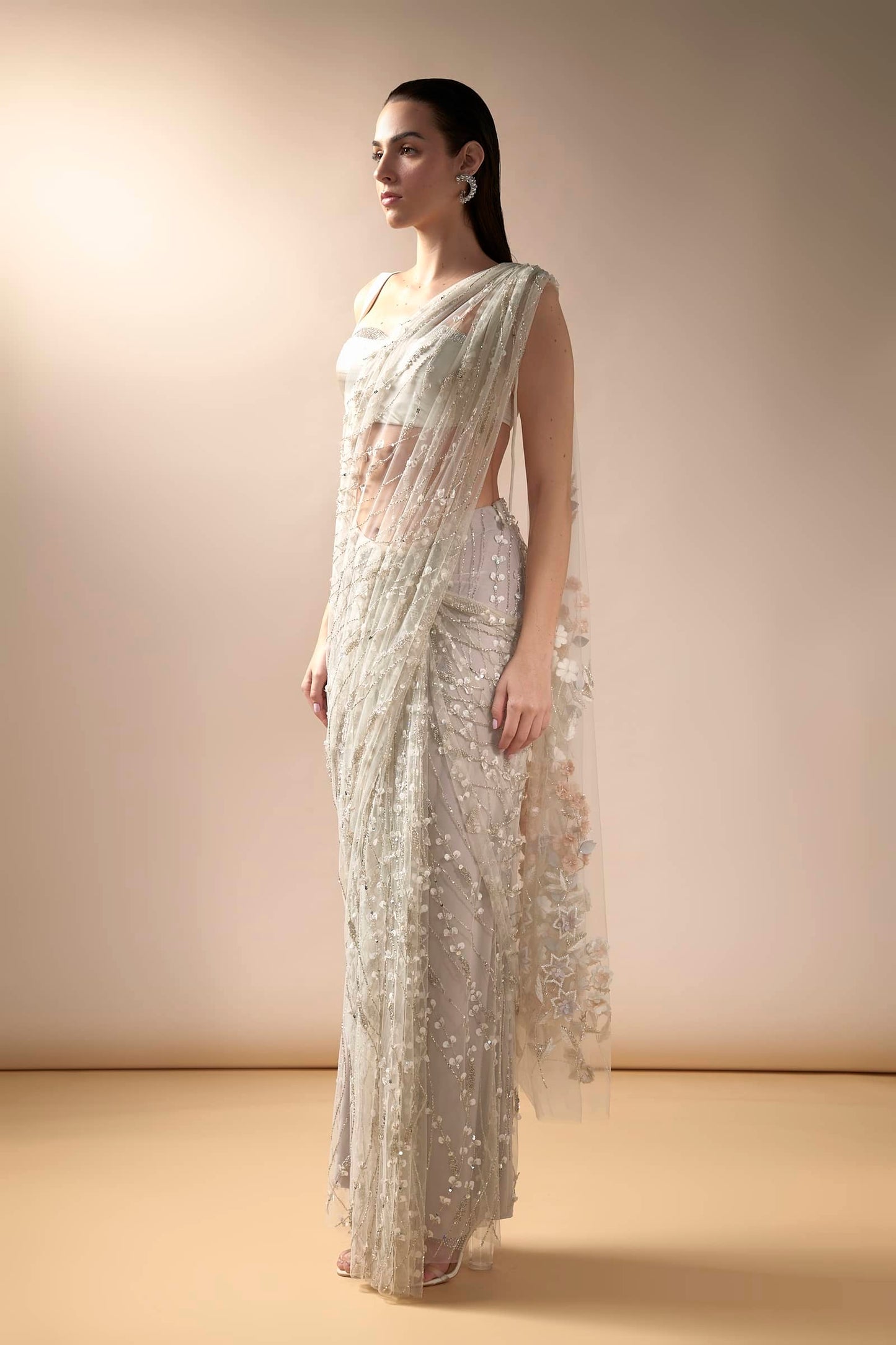 Sea Spray Sari With Stone Studded Satin Blouse (Ivory)