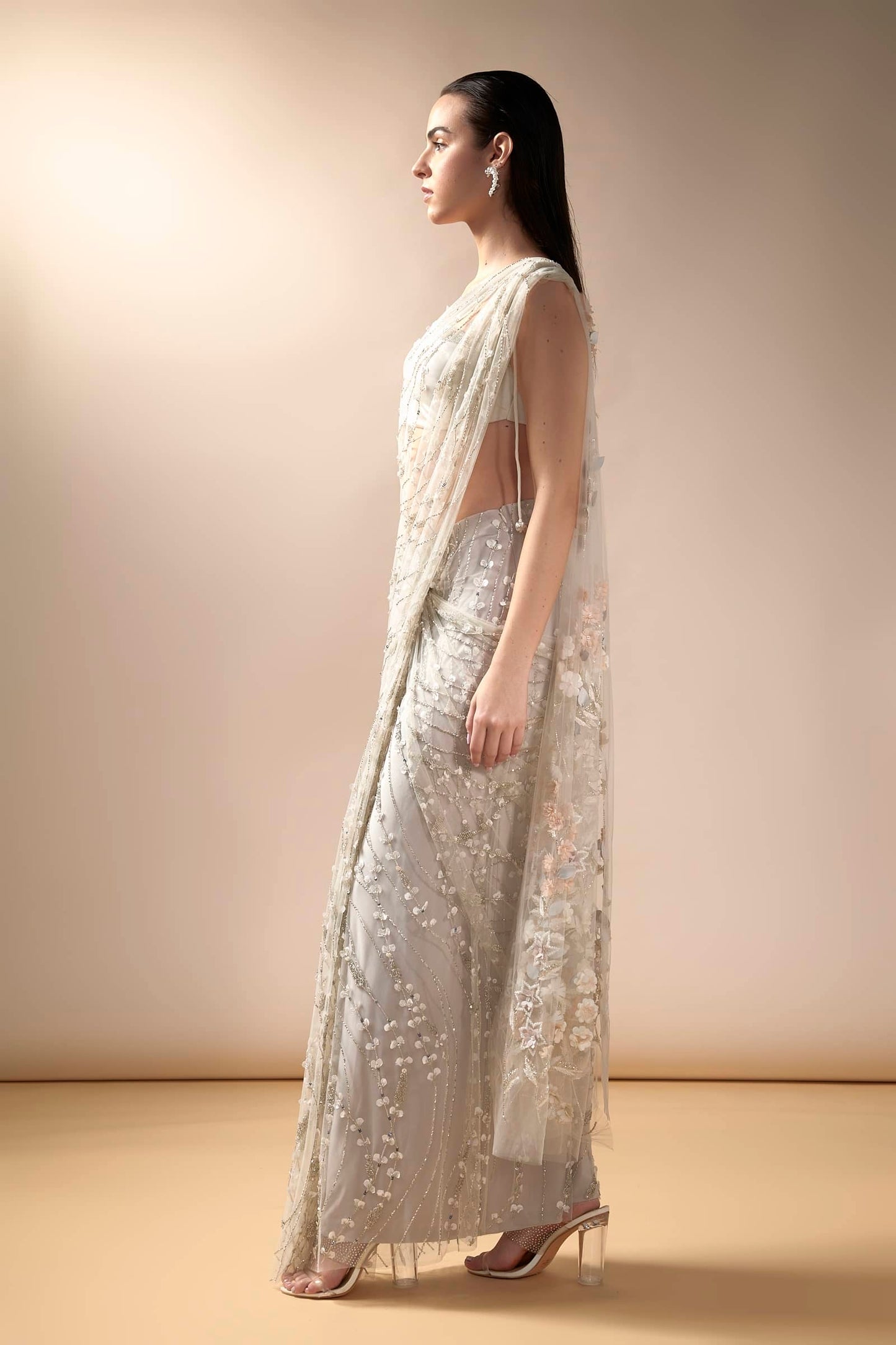Sea Spray Sari With Stone Studded Satin Blouse (Ivory)