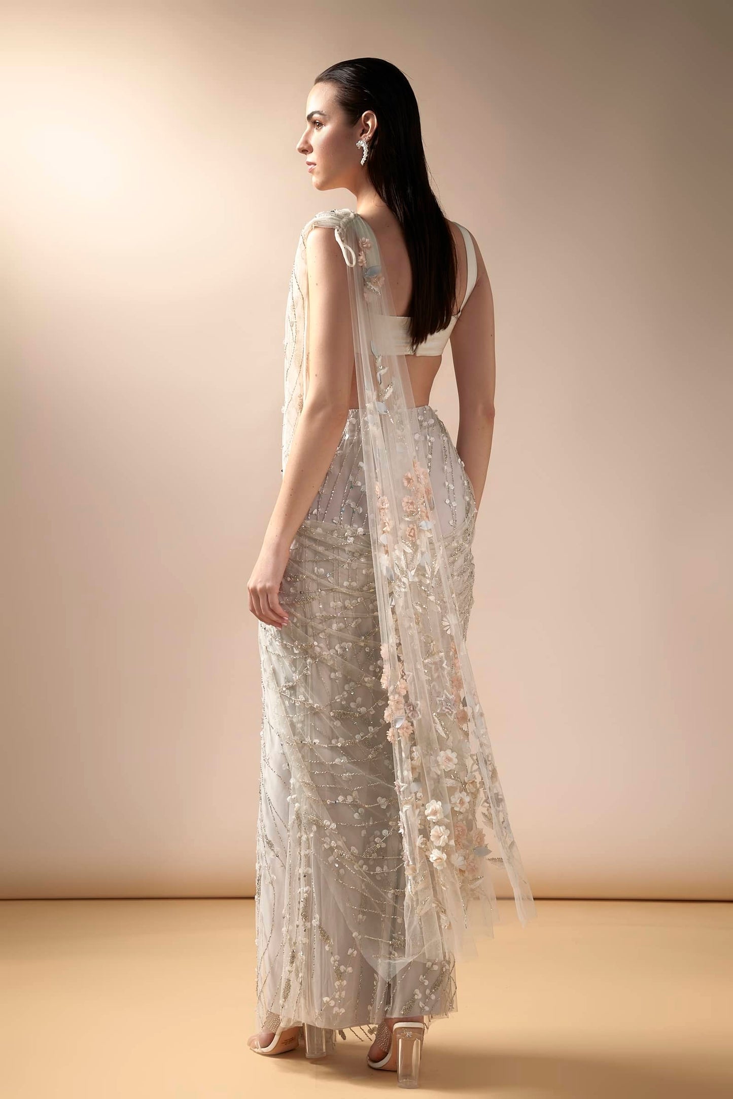 Sea Spray Sari With Stone Studded Satin Blouse (Ivory)