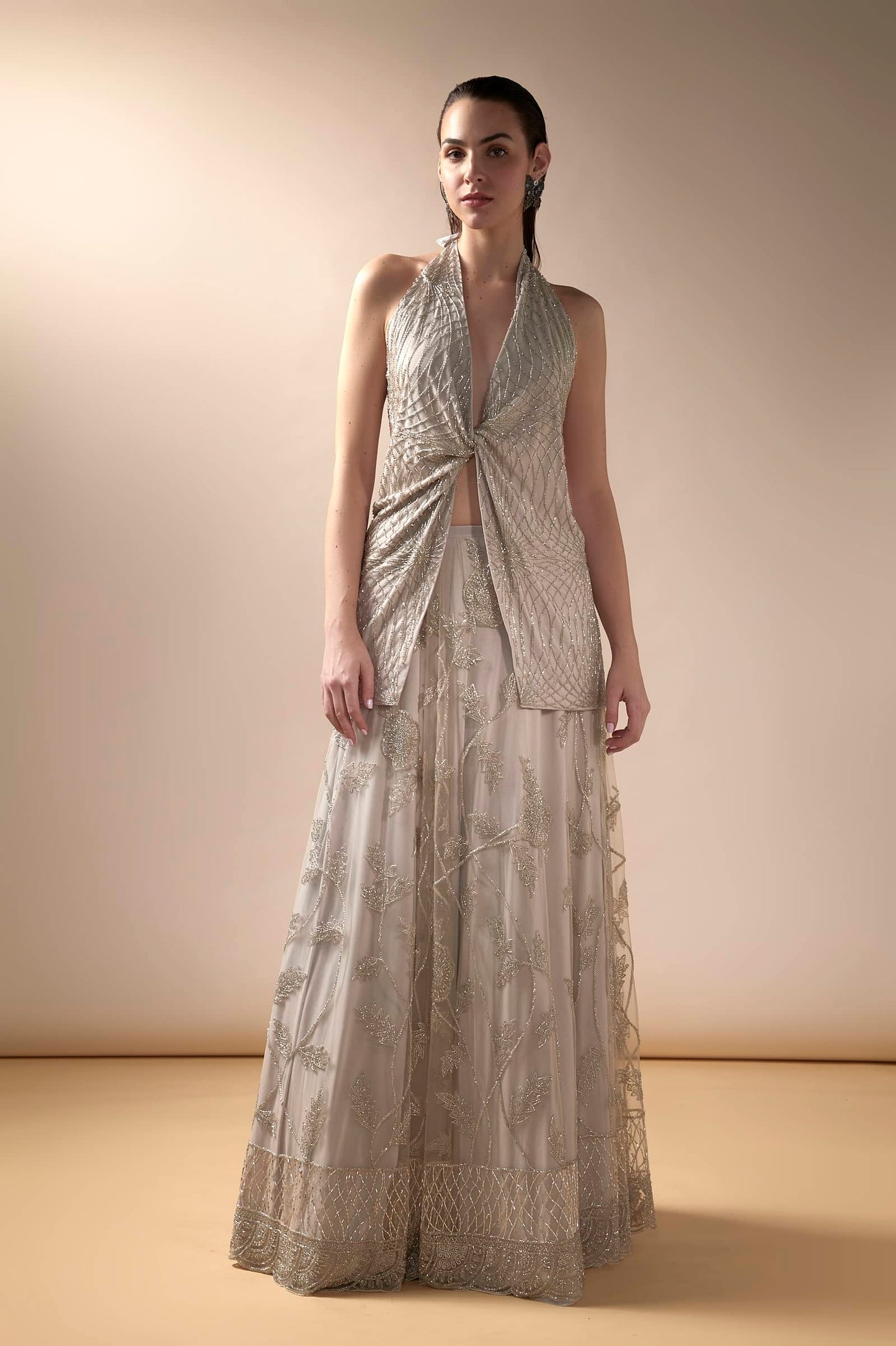 Tulle lehenga with halter knotted top (Grey)