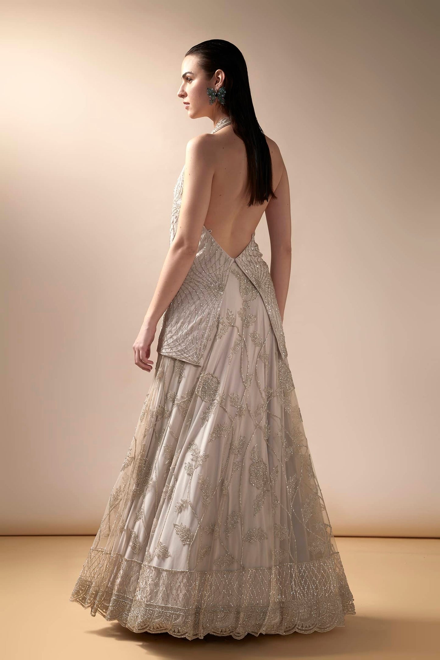 Tulle lehenga with halter knotted top (Grey)
