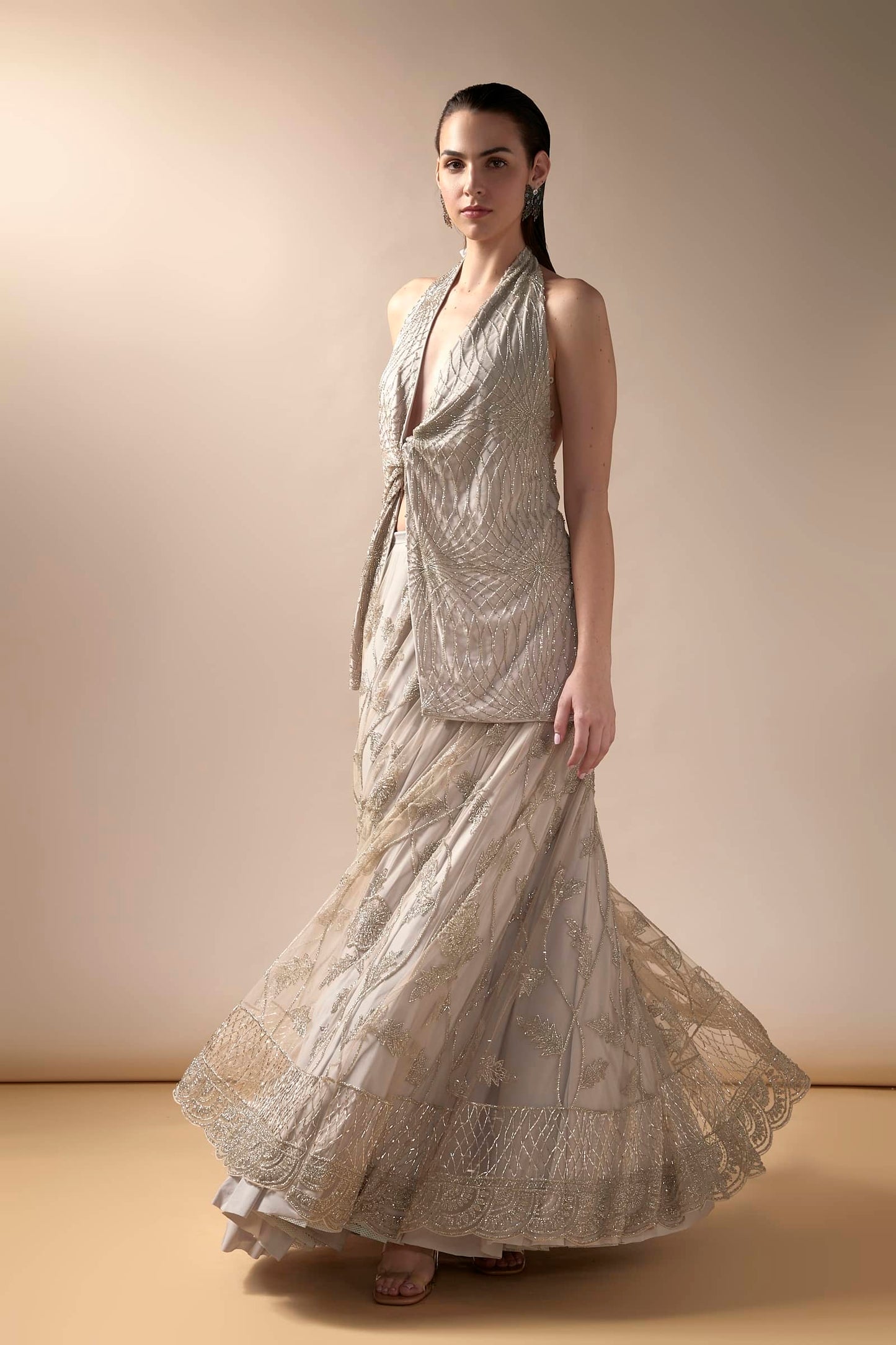 Tulle lehenga with halter knotted top (Grey)